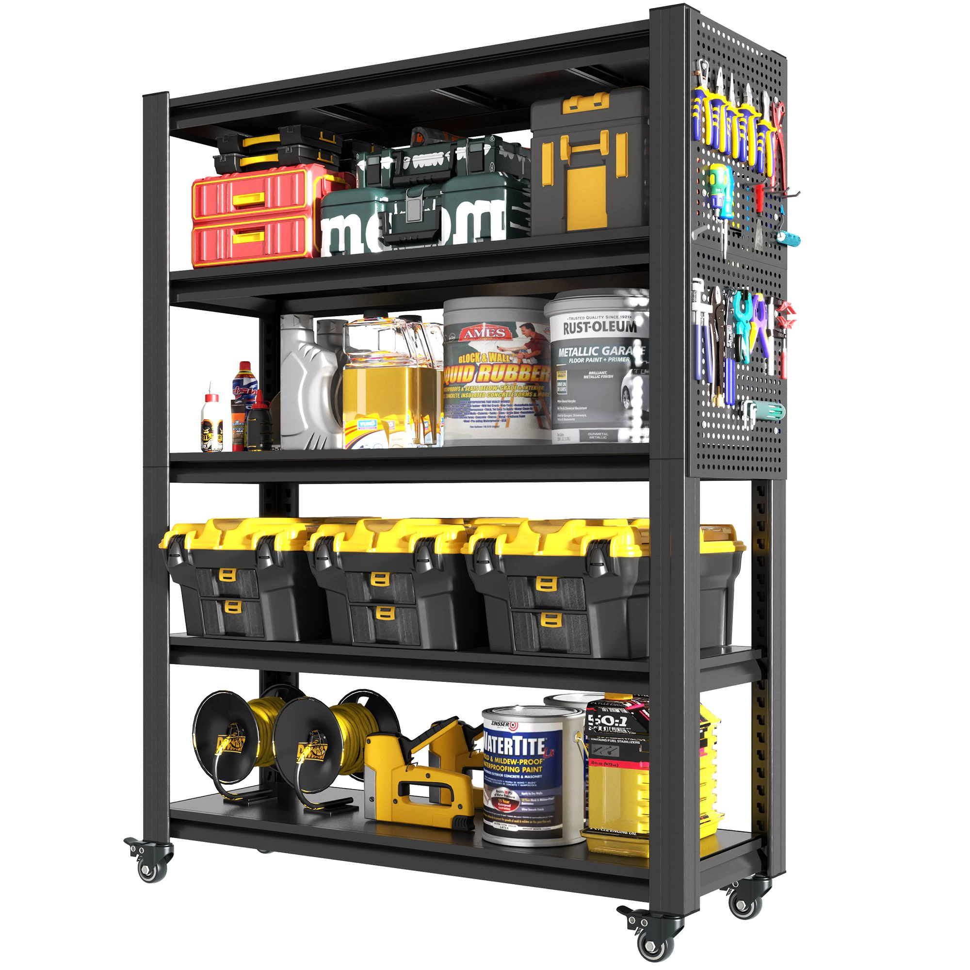 Flynama 5-Tier Shelving with Pegboard and Wheels, 18x78in, Heavy Duty Storage Rack for Garage, Office and Kitchen