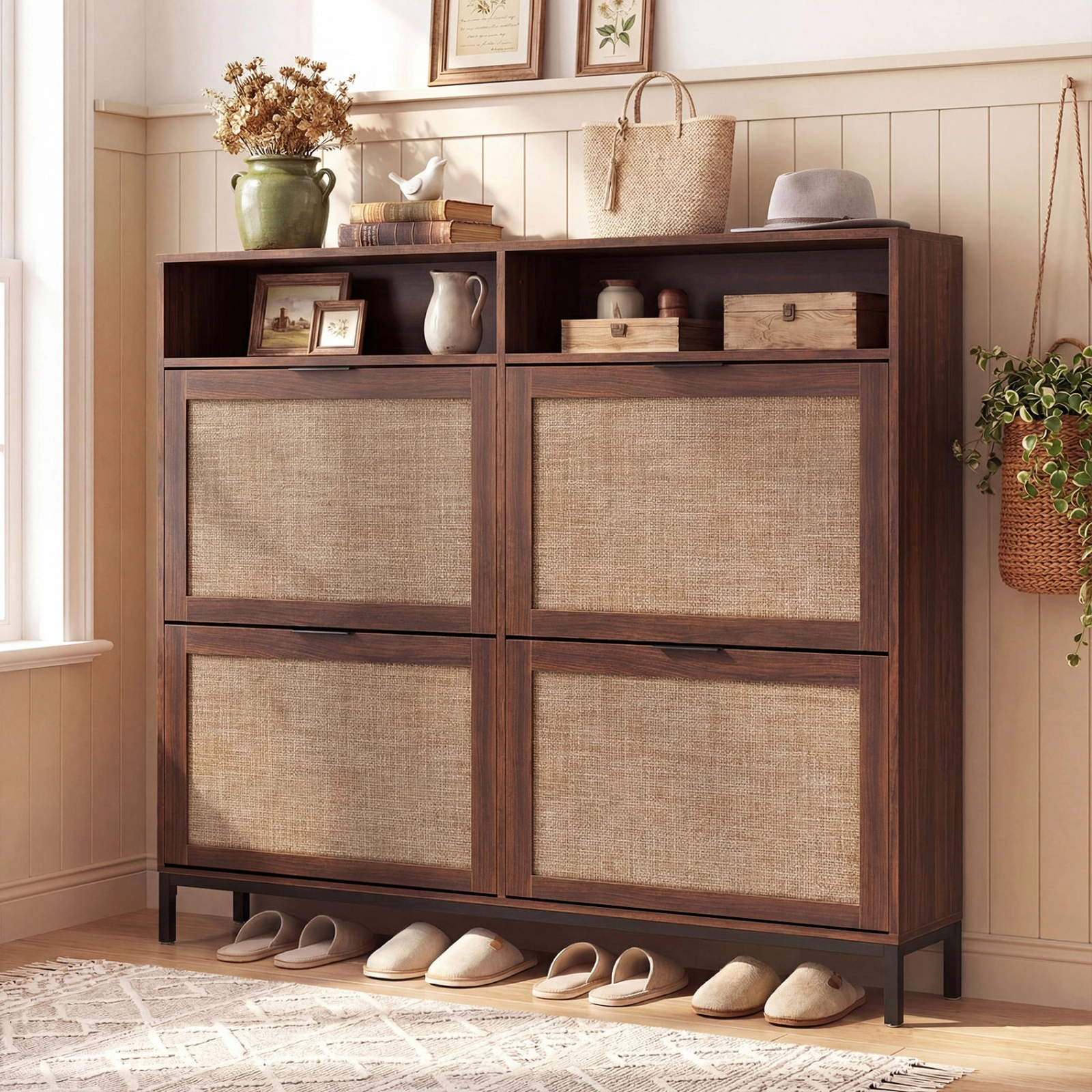 SUGIFT Dark Brown 55-in Wide Freestanding Shoe Storage Cabinet with 4 Flip Drawers and 2 Open Shelves