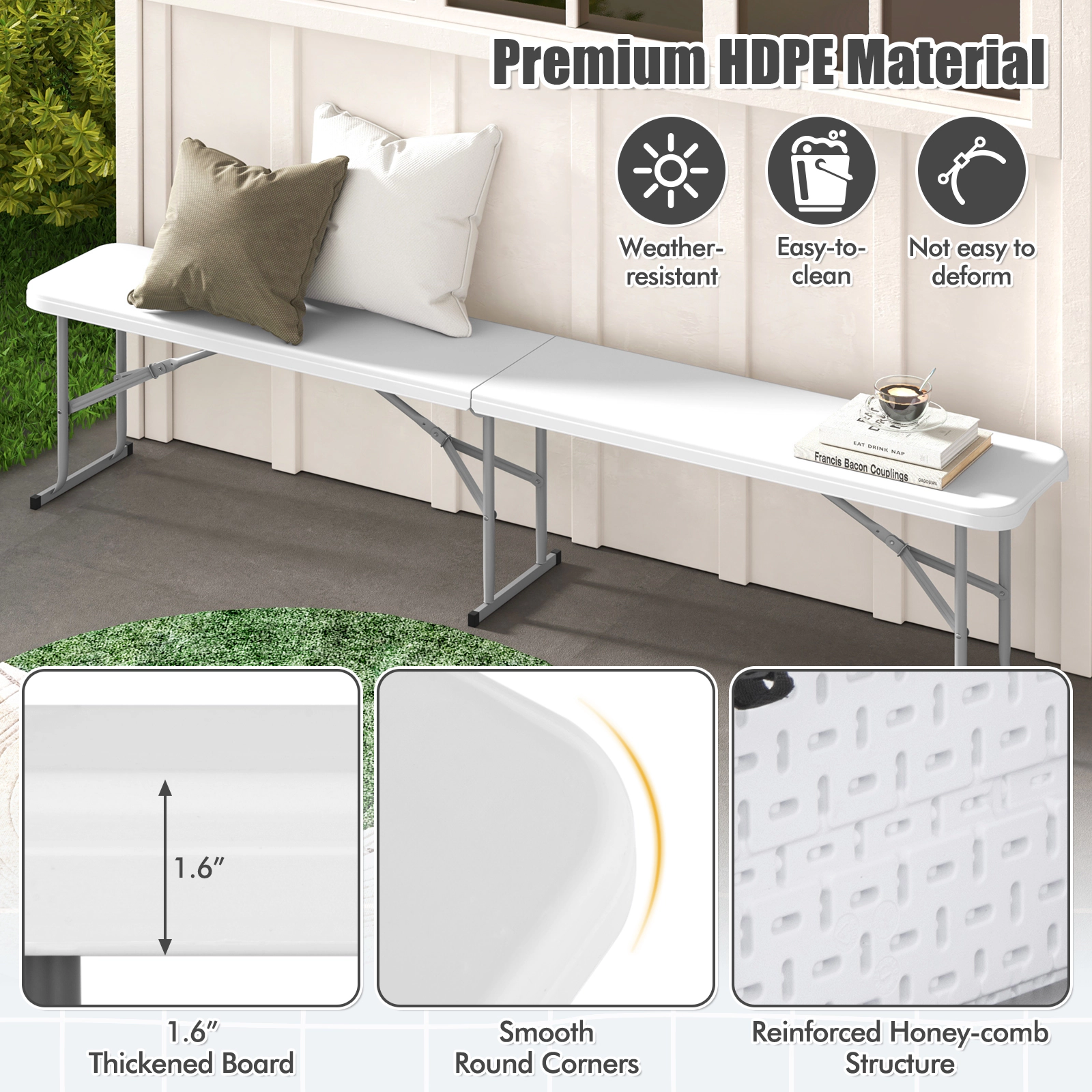 SUGIFT 6 ft Folding Plastic Camping Picnic Bench 660-lb Capacity Dining Seat with Carrying Handle 72-in Long White