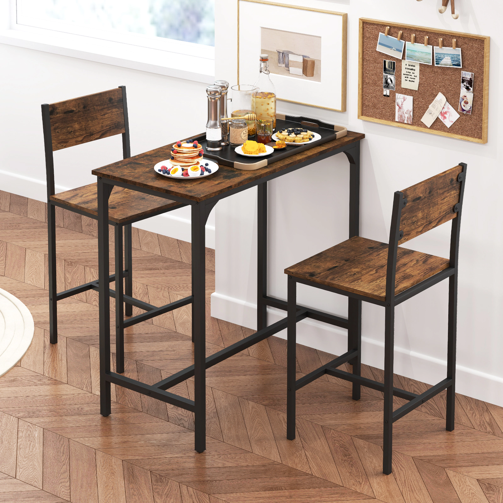 SUGIFT 3-Piece Rustic Brown Bar Table Set, 35.5-in Table with 2 Backrest Chairs