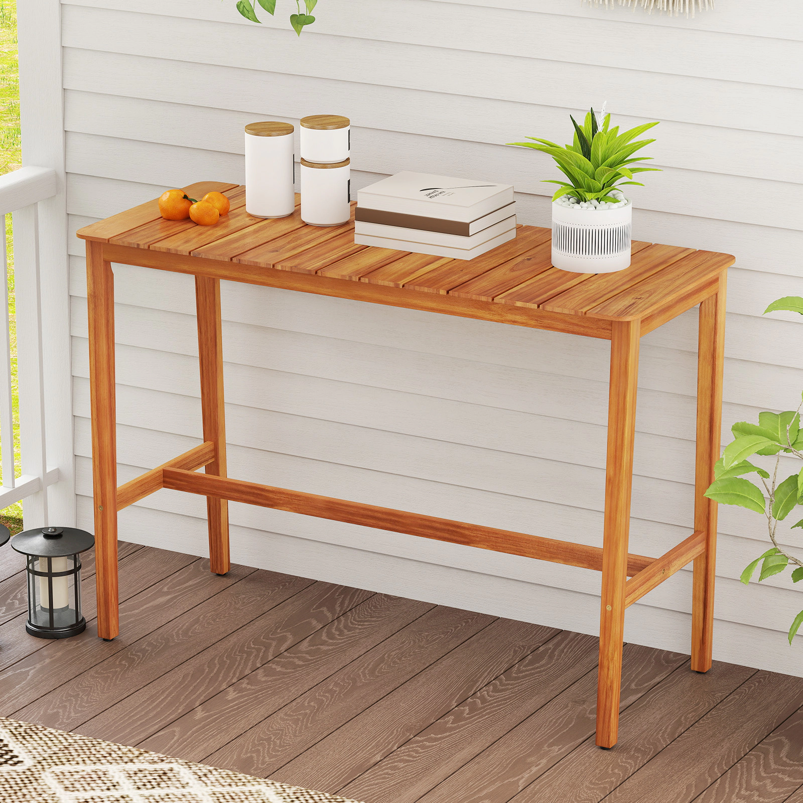 SUGIFT 54-Inch Natural Acacia Wood Outdoor Counter-Height Bar Table with Slatted Top and Footrest