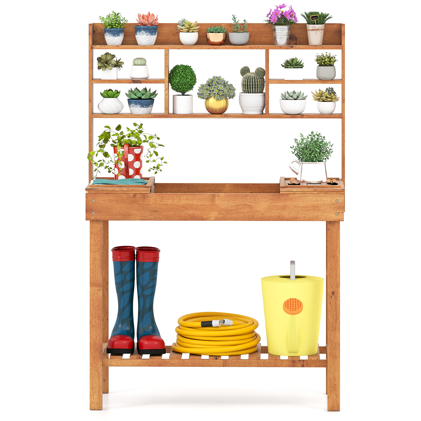 LJG Wooden Potting Bench Table Garden Planting Workstation with 3-Tier Open Shelf