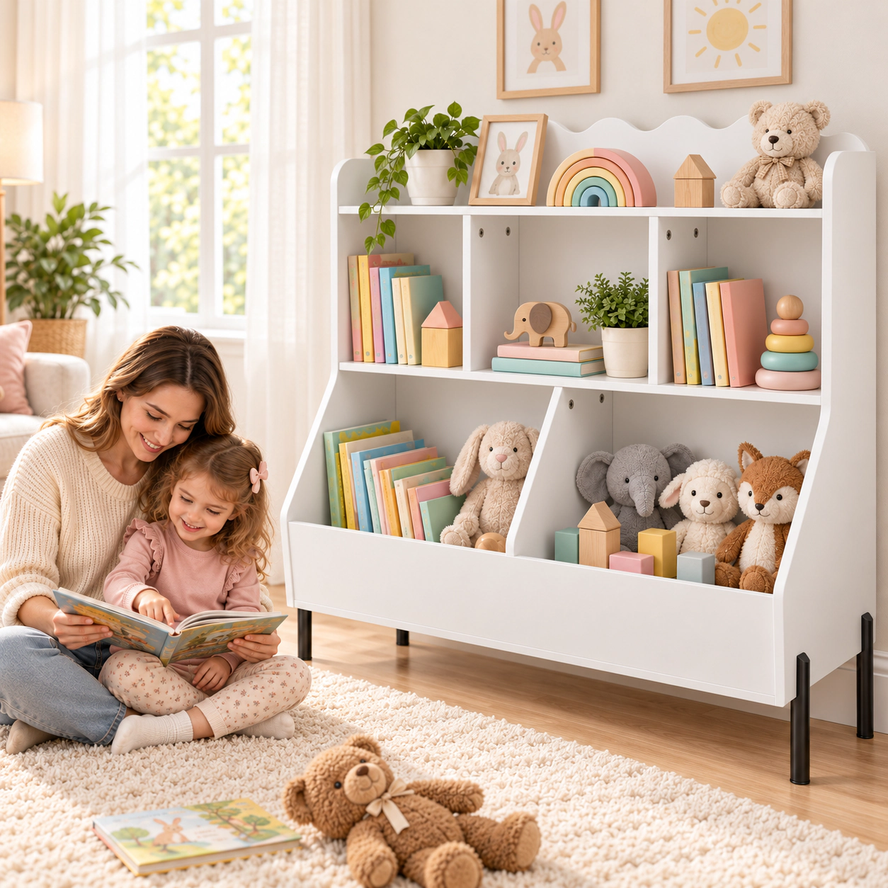 SUGIFT Kids 5 Storage Cubes 3 Open Compartments 2 Boxes Metal Legs Wooden Bookshelf 31.5-in x 16-in x 36.5-in White