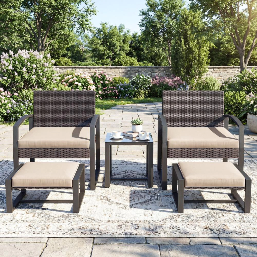 Hivvago 5-Piece Patio Conversation Set With 2 Ottomans And Tempered Glass Side Table