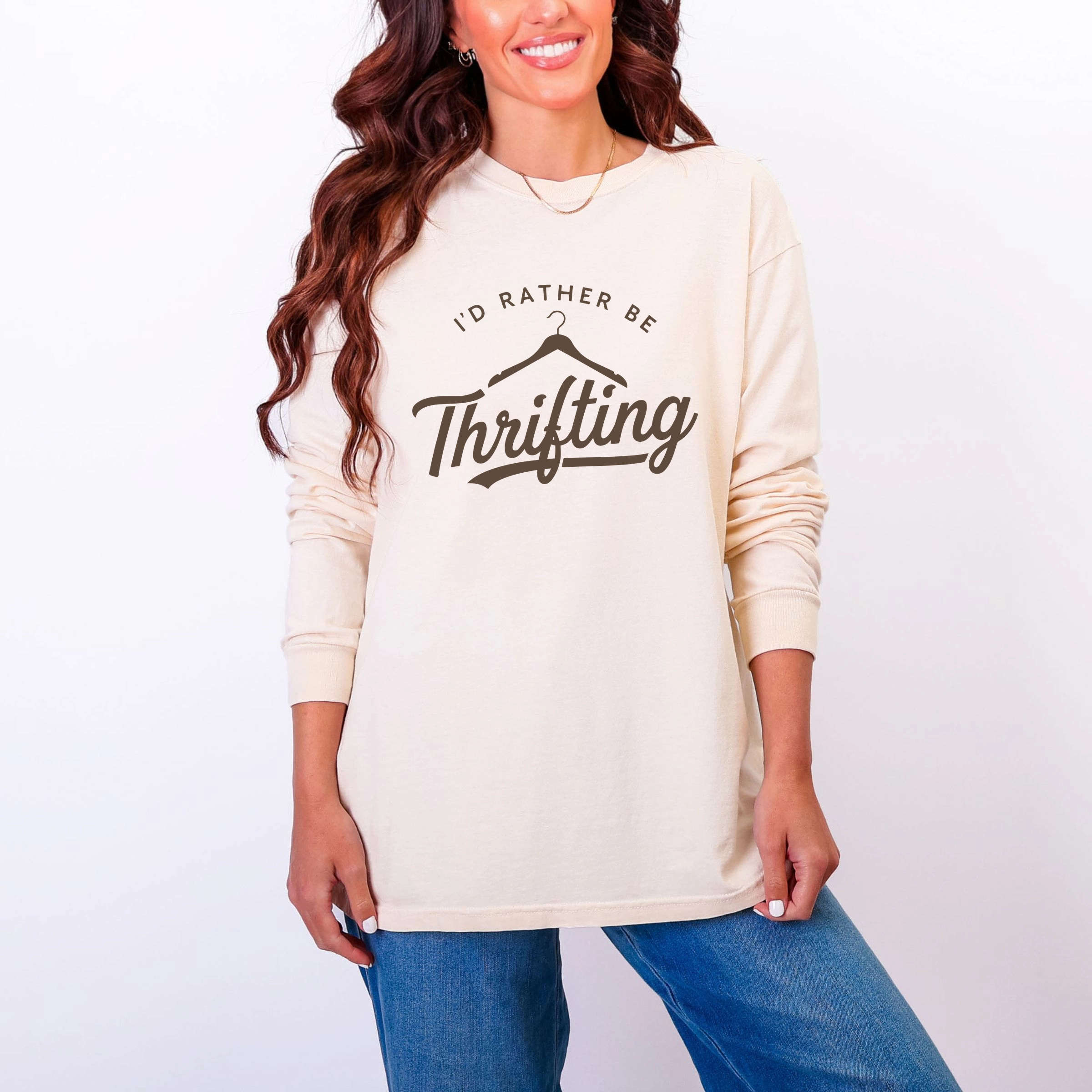 Simply Sage Market - I'd Rather Be Thrifting Women's Garment Dyed Long Sleeve Graphic T-Shirt