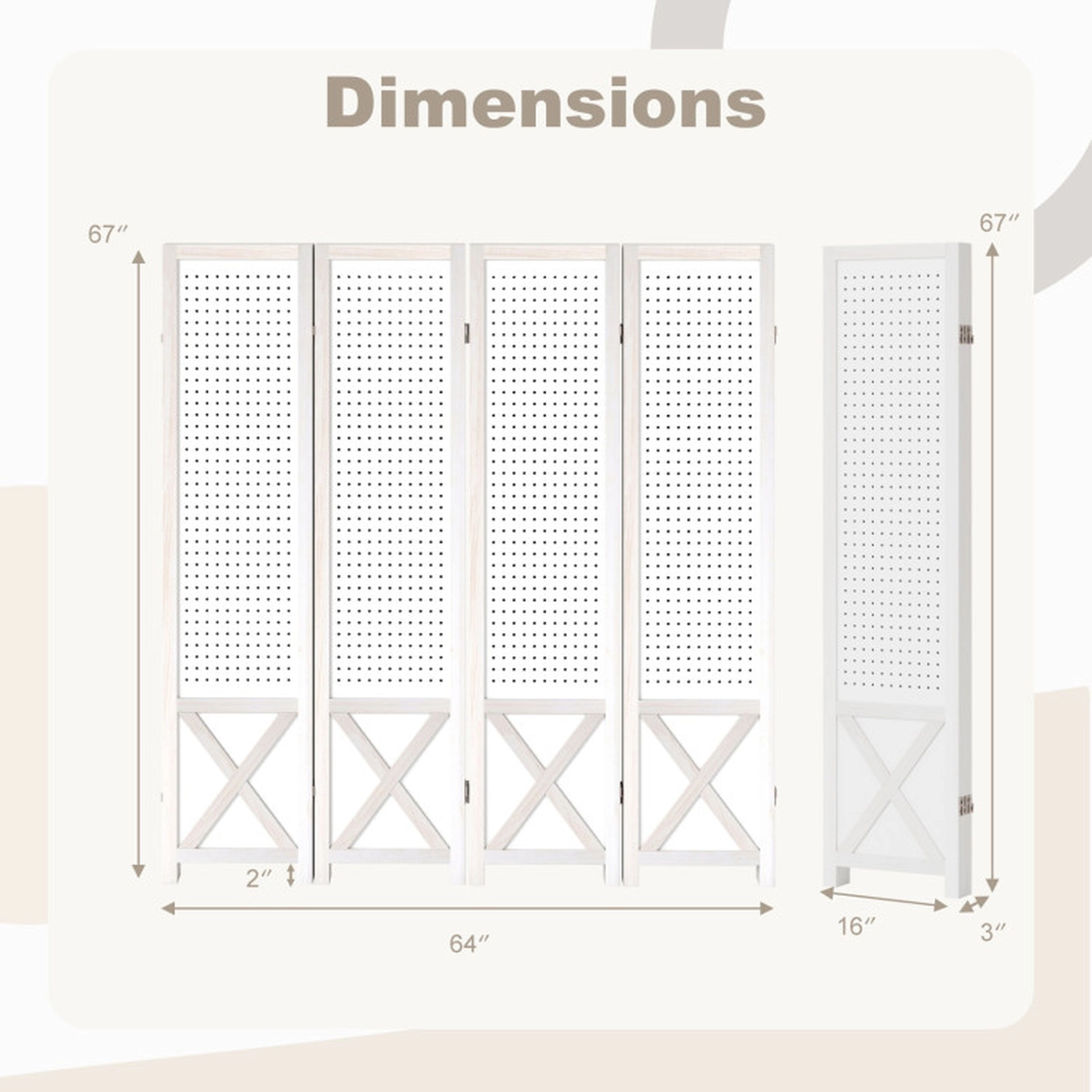 SUGIFT 4-Panel Pegboard Room Divider Shelving Unit 67-in Tall Privacy Screen 64-in Wide White Paulownia Wood MDF