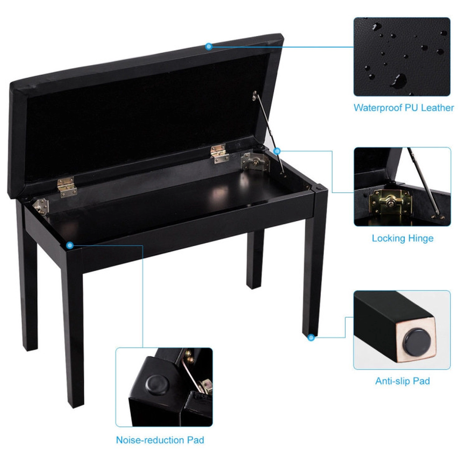SUGIFT Solid Wood PU Leather Padded Piano Bench Ottoman with Storage 360-Lb Capacity 29.5-in Wide 1-Piece Black