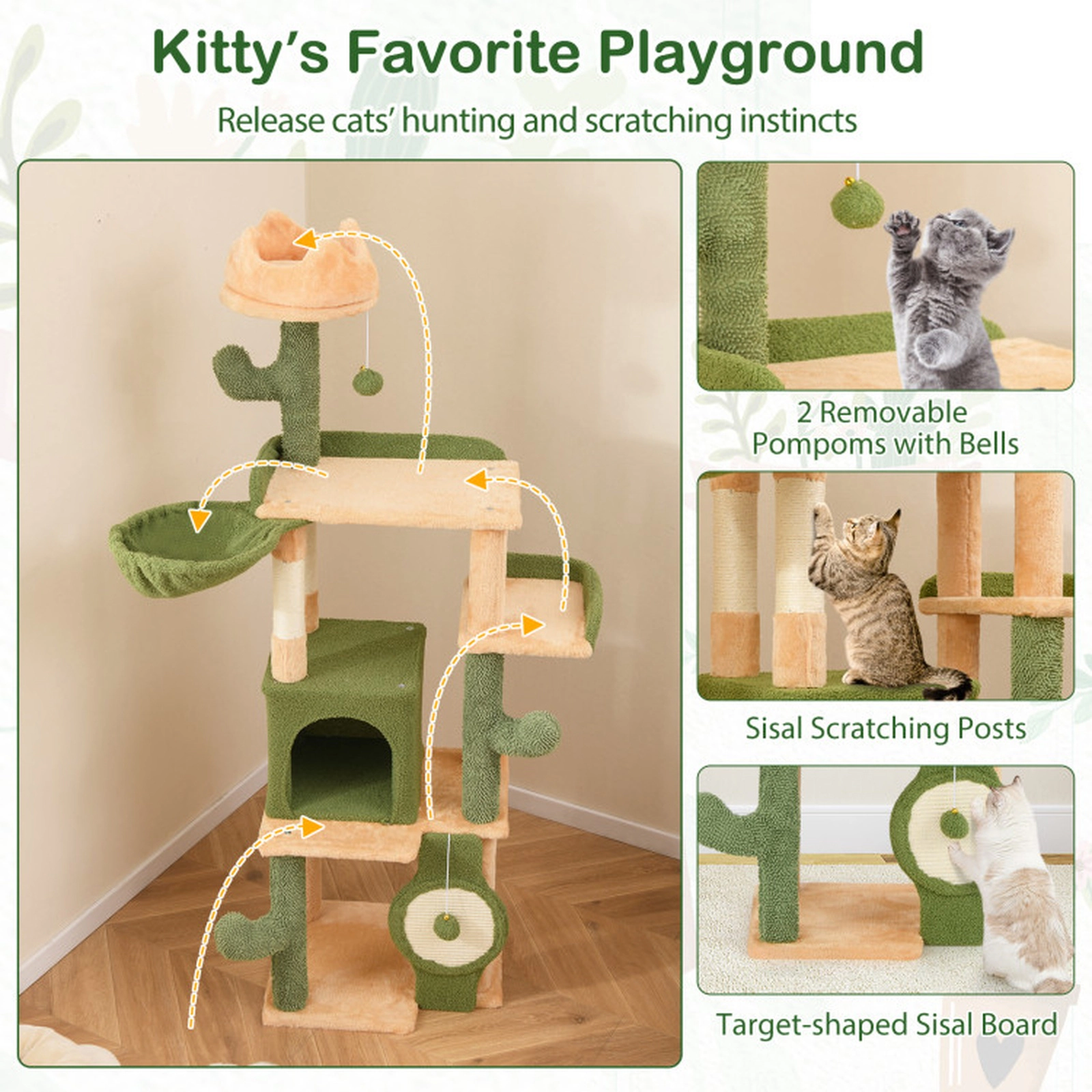 SUGIFT 63-in Cactus Cat Tree with Sisal Scratching Posts, Target Board and Condo 11-lb Capacity Green + Orange