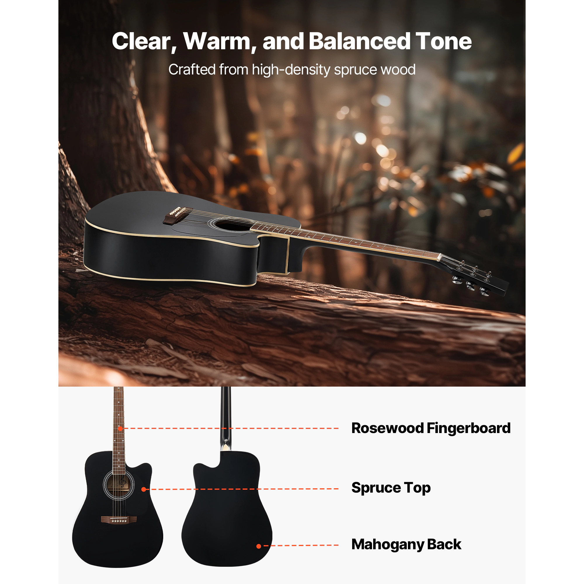 HONGGE 41 in Cutway Acoustic Guitar 6-String Solid Spruce Top Beginner Bundle with Gig Bag Tuner Strap Strings Picks