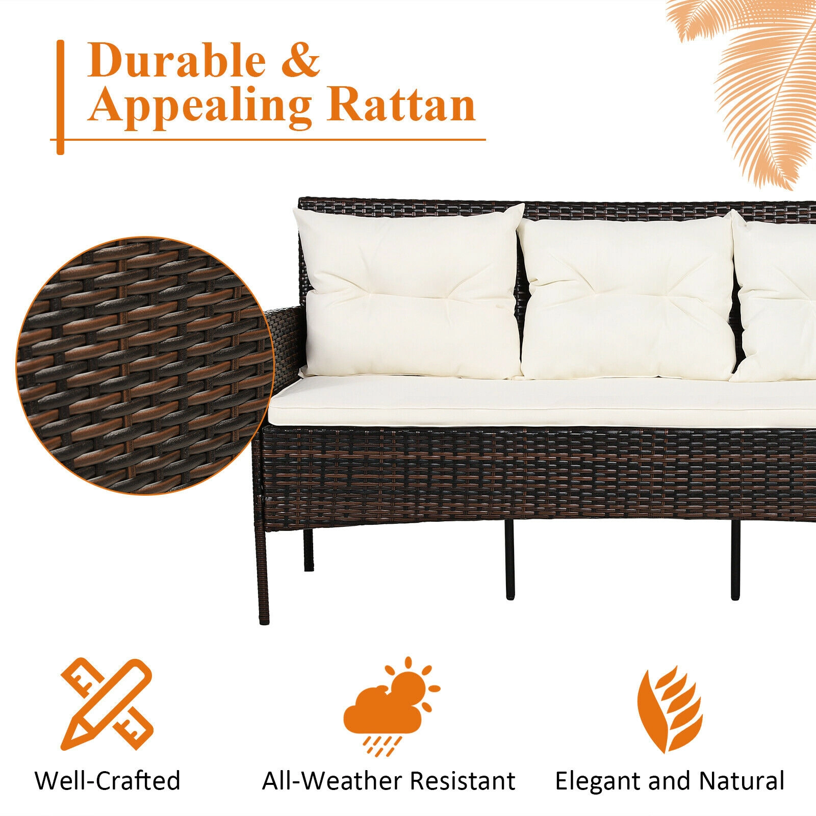 SUGIFT 3-Piece Brown Rattan Patio Sectional Sofa Set with Ottoman and Glass Coffee Table