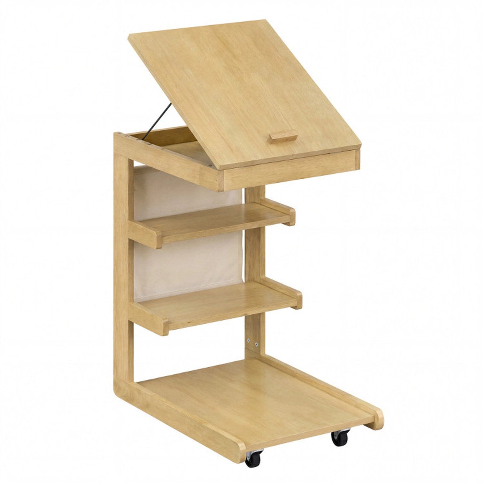 SUGIFT Adjustable Desktop C-Shaped End Table with Hidden Storage 210-lb Capacity Rolling Side Table Natural Brown White