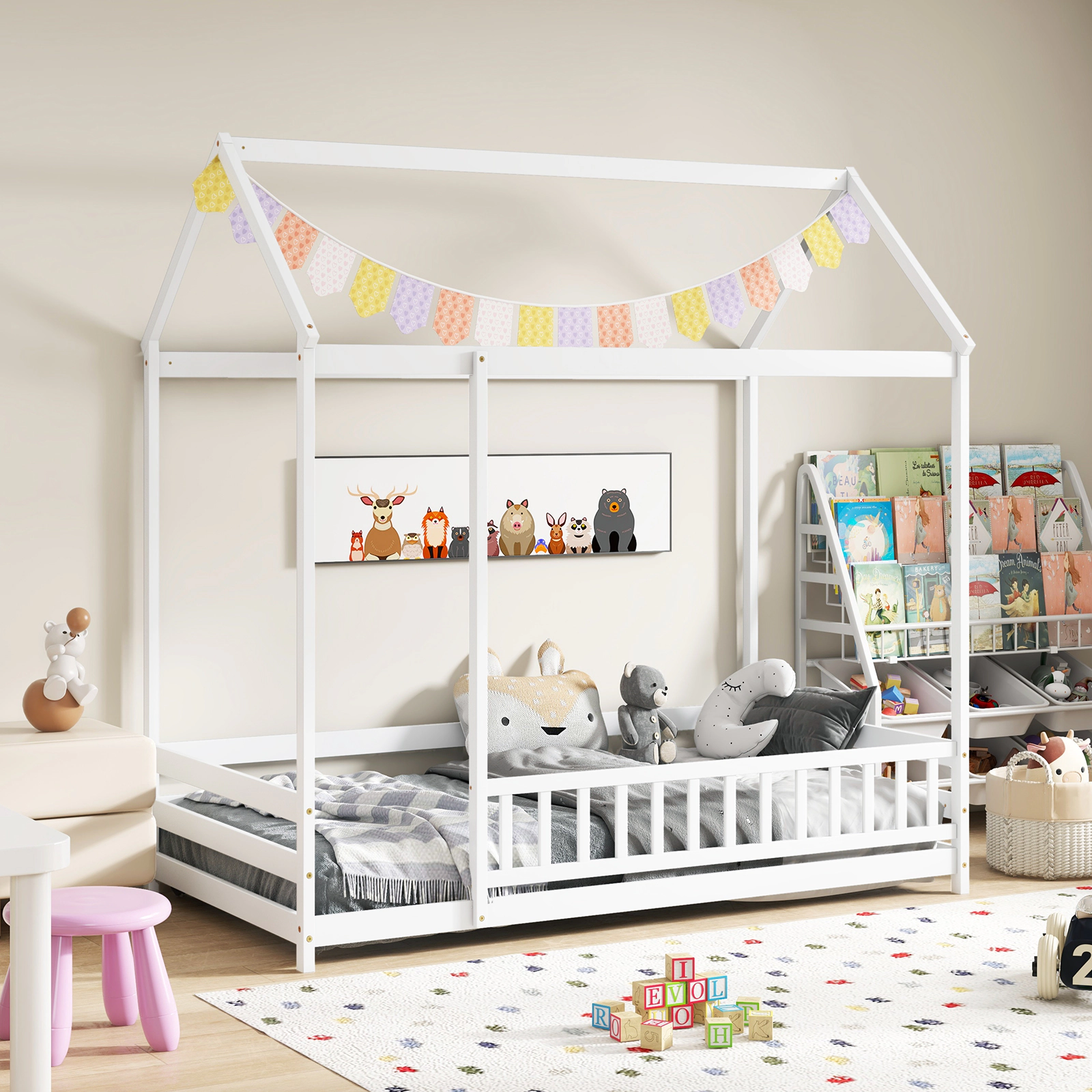 SUGIFT Twin Size White Pine Wood Kids House Floor Bed with Roof 12-in Full Length Guardrail and Doorway