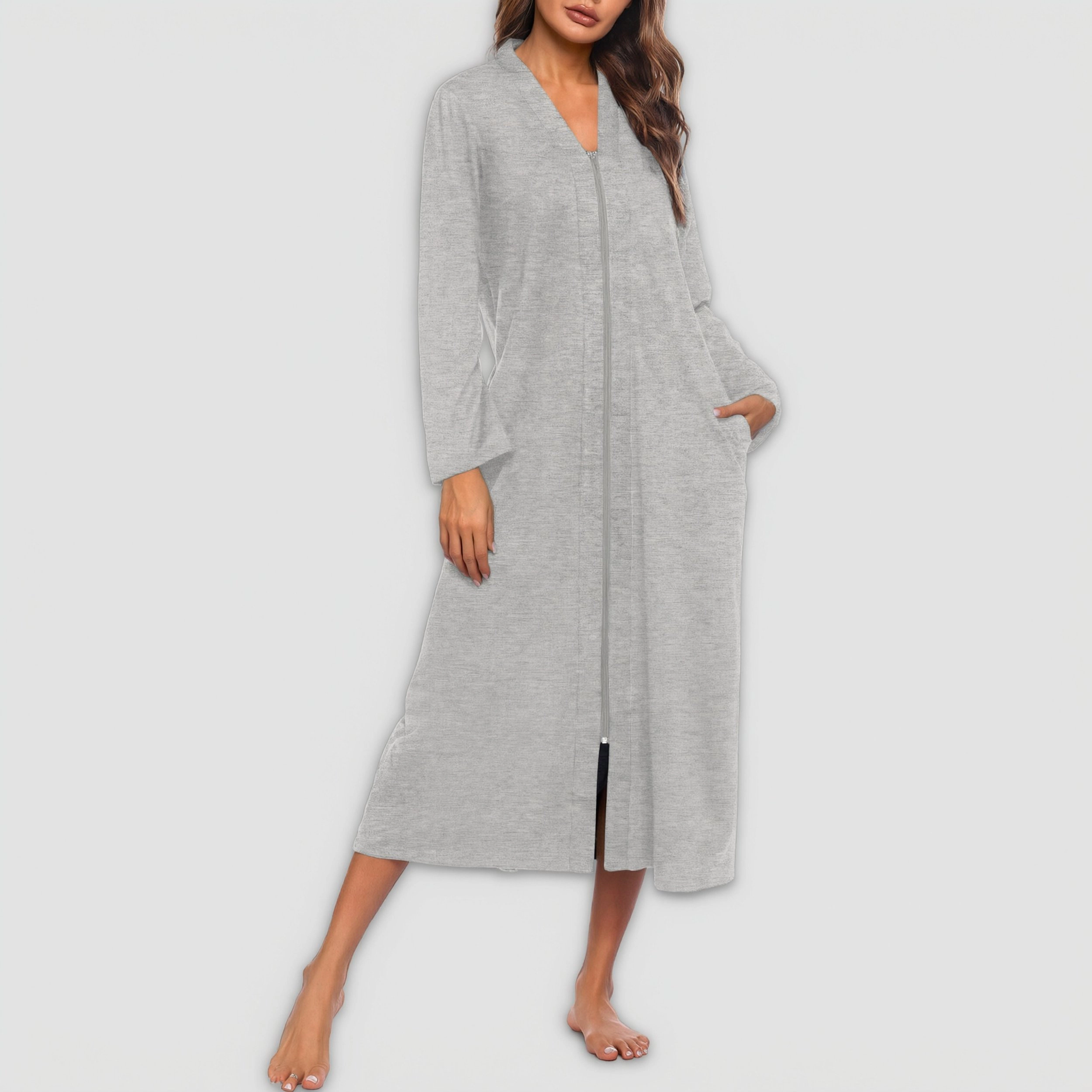 Ekouaer Women Zipper Robe Long Sleeve Loungewear Lightweight Housecoat Full Length Nightgown