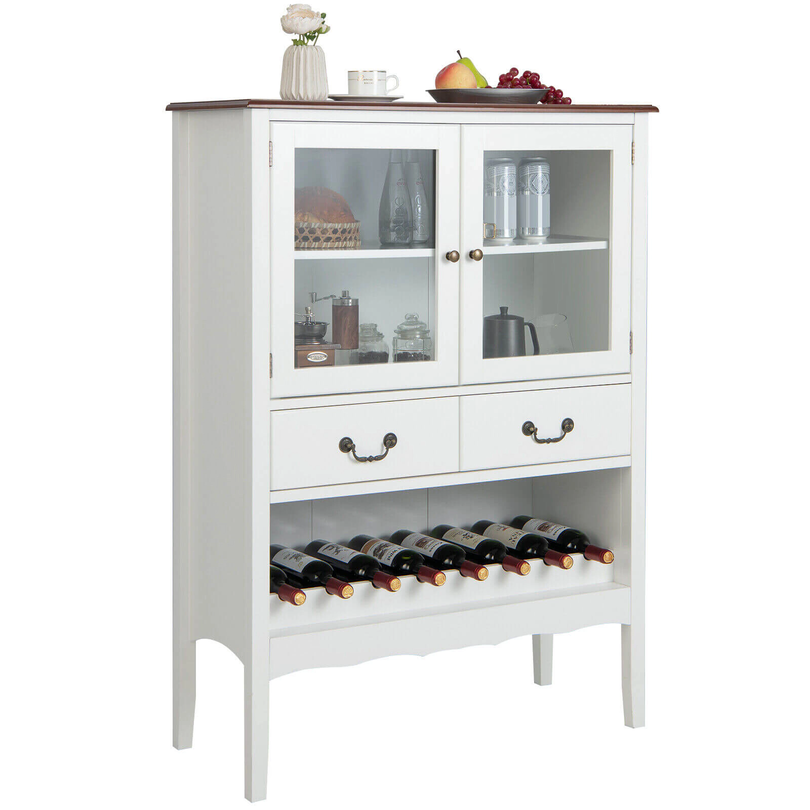 Glintex 50-Inch Sideboard with Tempered Glass Doors and Open Wine Rack, White