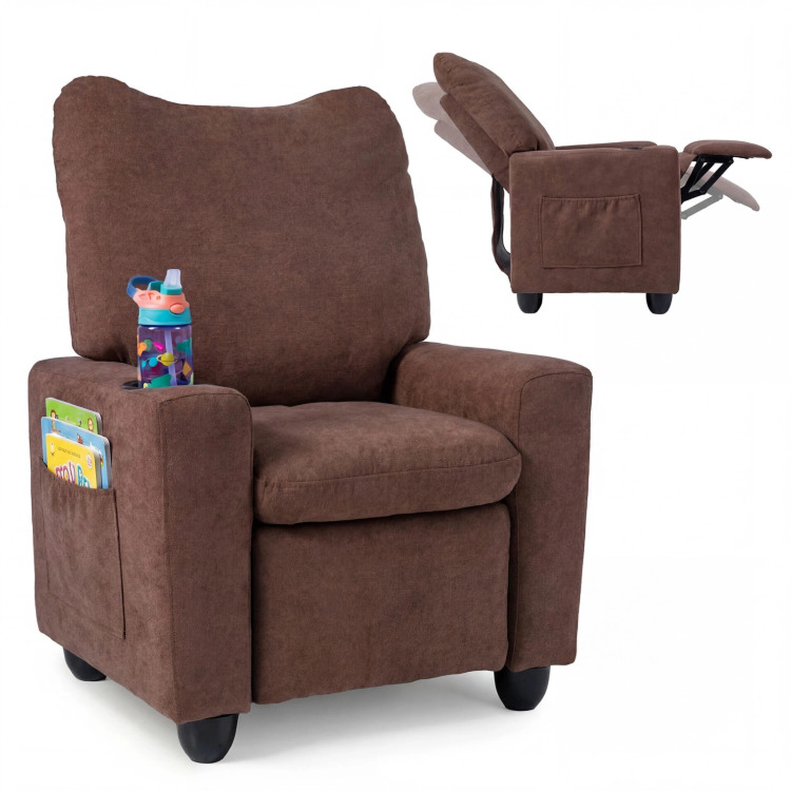 SUGIFT Push-Back Kids Recliner Toddler Single Sofa Chair Adjustable Footrest & Cup Holder 150-lb Capacity Ages 3+ Brown