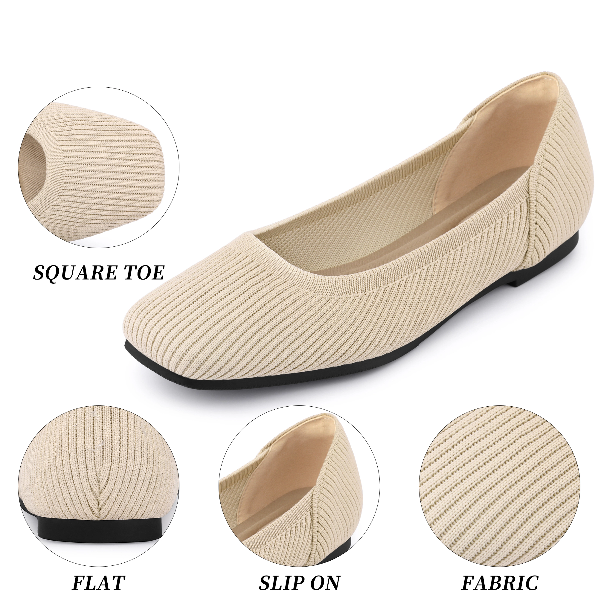BLISSFUL STEP Women Knit Square Toe Slip on Closed Ballet Flats