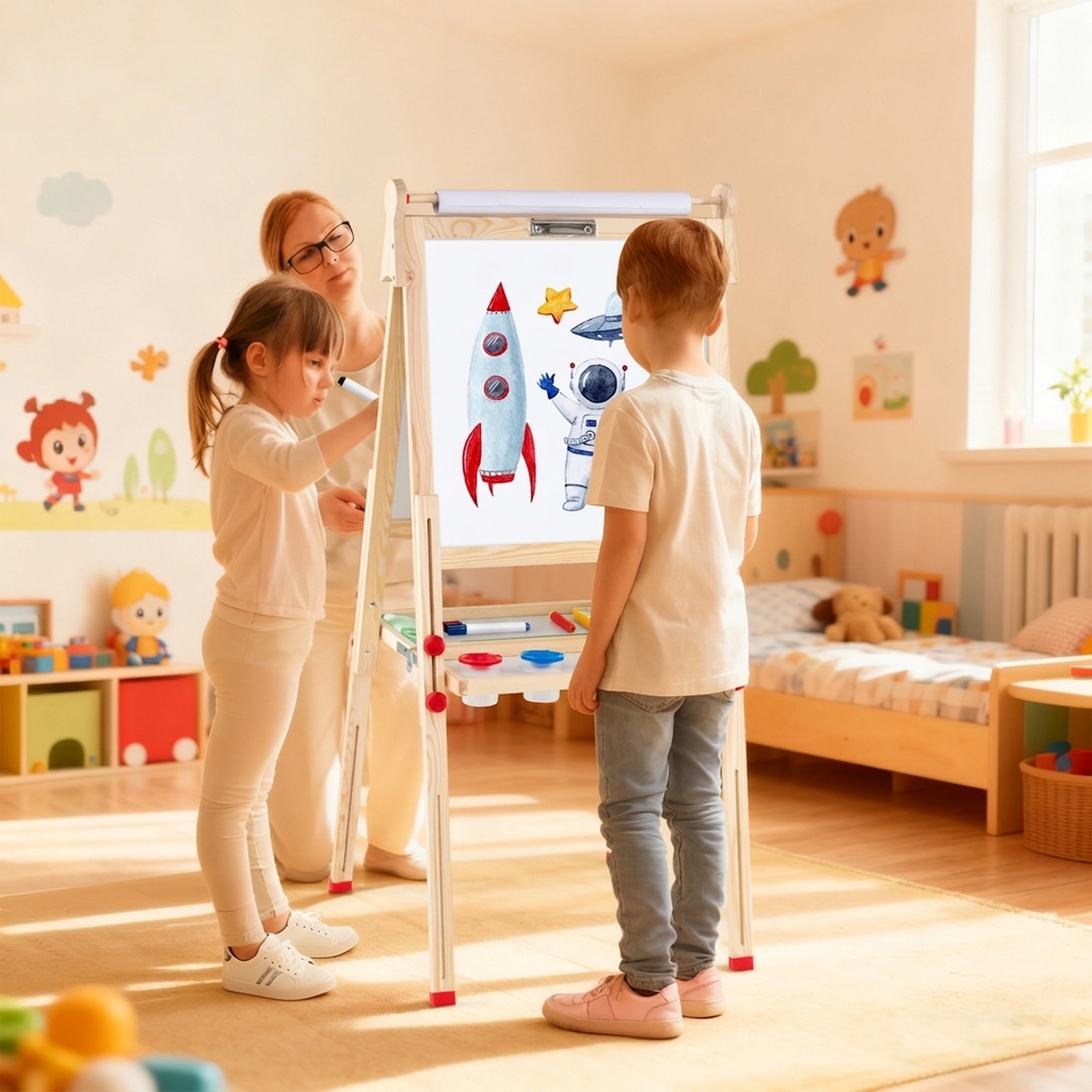 3-in-1 Folding Wooden Art Easel for Kids Ages 3 to 14 Magnetic Whiteboard Chalkboard 88-Piece Kit 16.4-ft Paper Roll