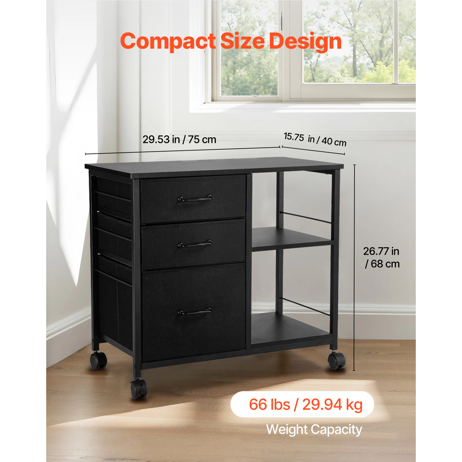 HONGGE Metal File Cabinet Mobile Filing Cabinet with 3 Fabric Drawers and 2 Open Shelves Wooden Vertical Filing Storage