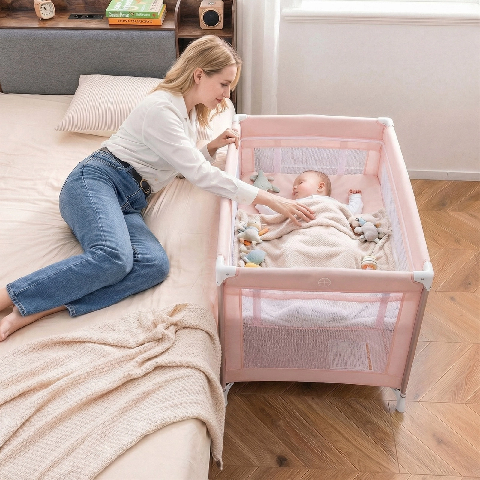 SUGIFT Folding Baby Playard Travel Crib with Soft Mattress 30-lb Playpen 15-lb Bassinet Capacity Ages 0-3 Years Pink