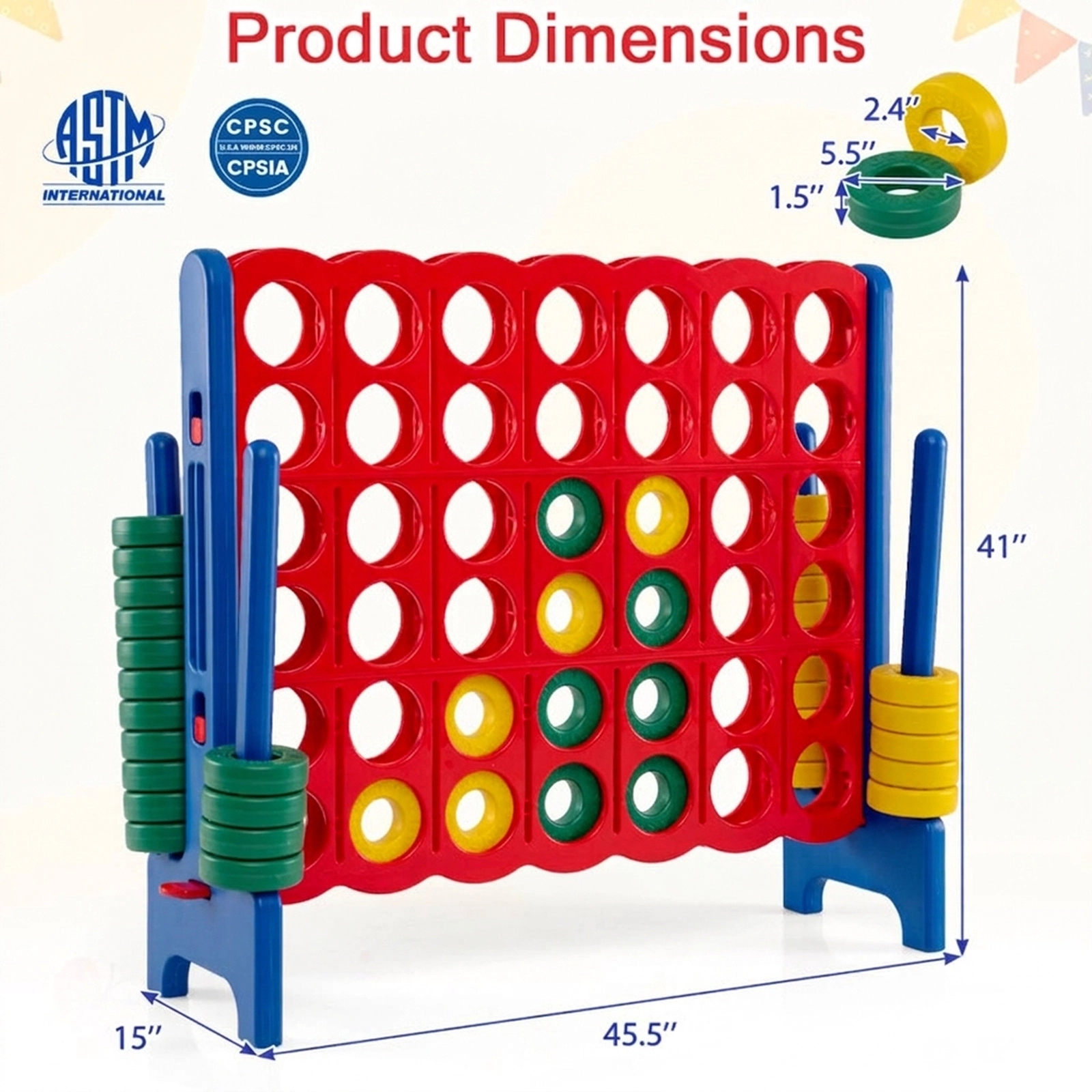 SUGIFT 46.5-in Jumbo 4-to-Score Oversized 4-in-a-Row Game Set with 2 Reset Levers and Smooth Edges