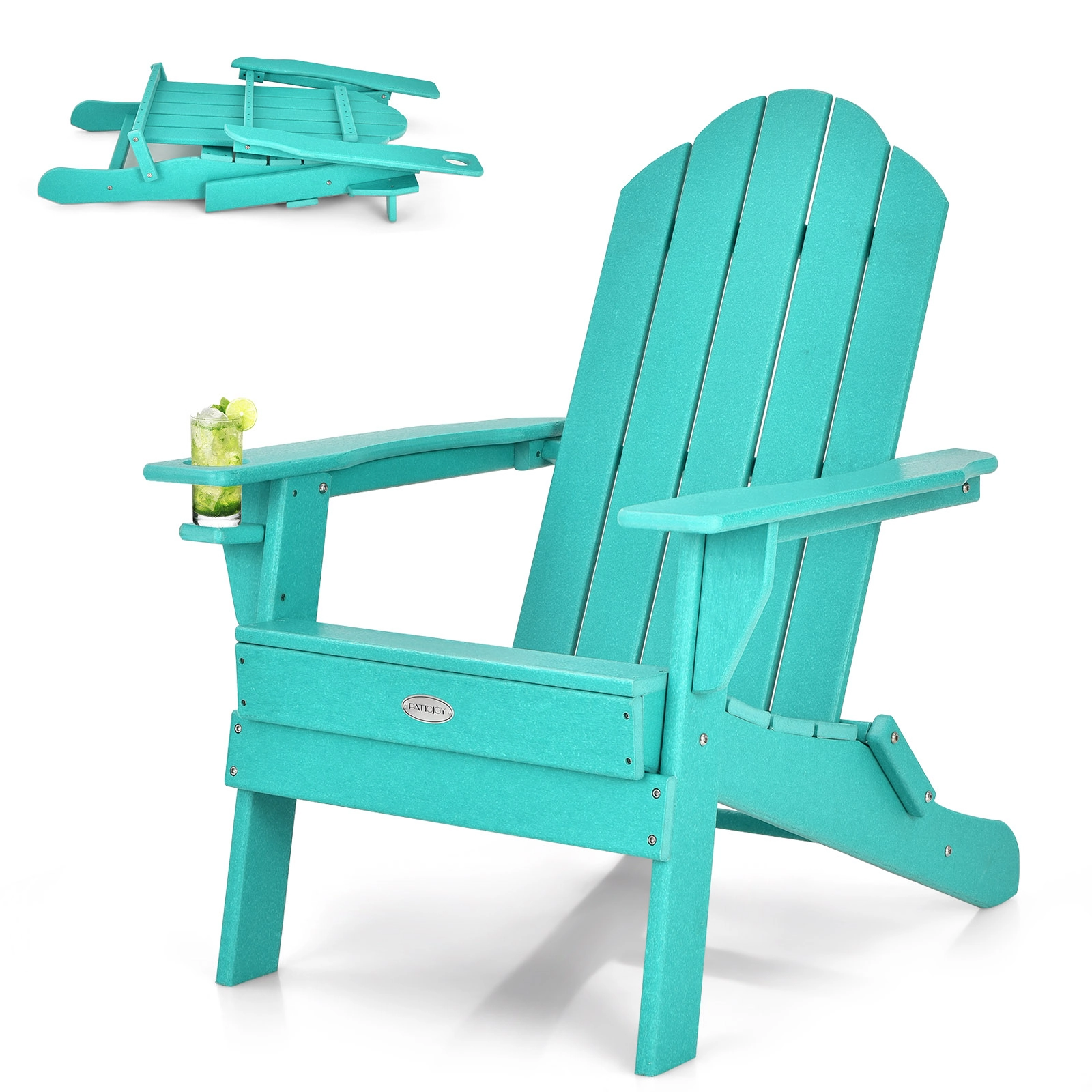 SUGIFT 330-lb Capacity Turquoise Fade Resistant PE Folding Adirondack Chair with Built-in Cup Holder
