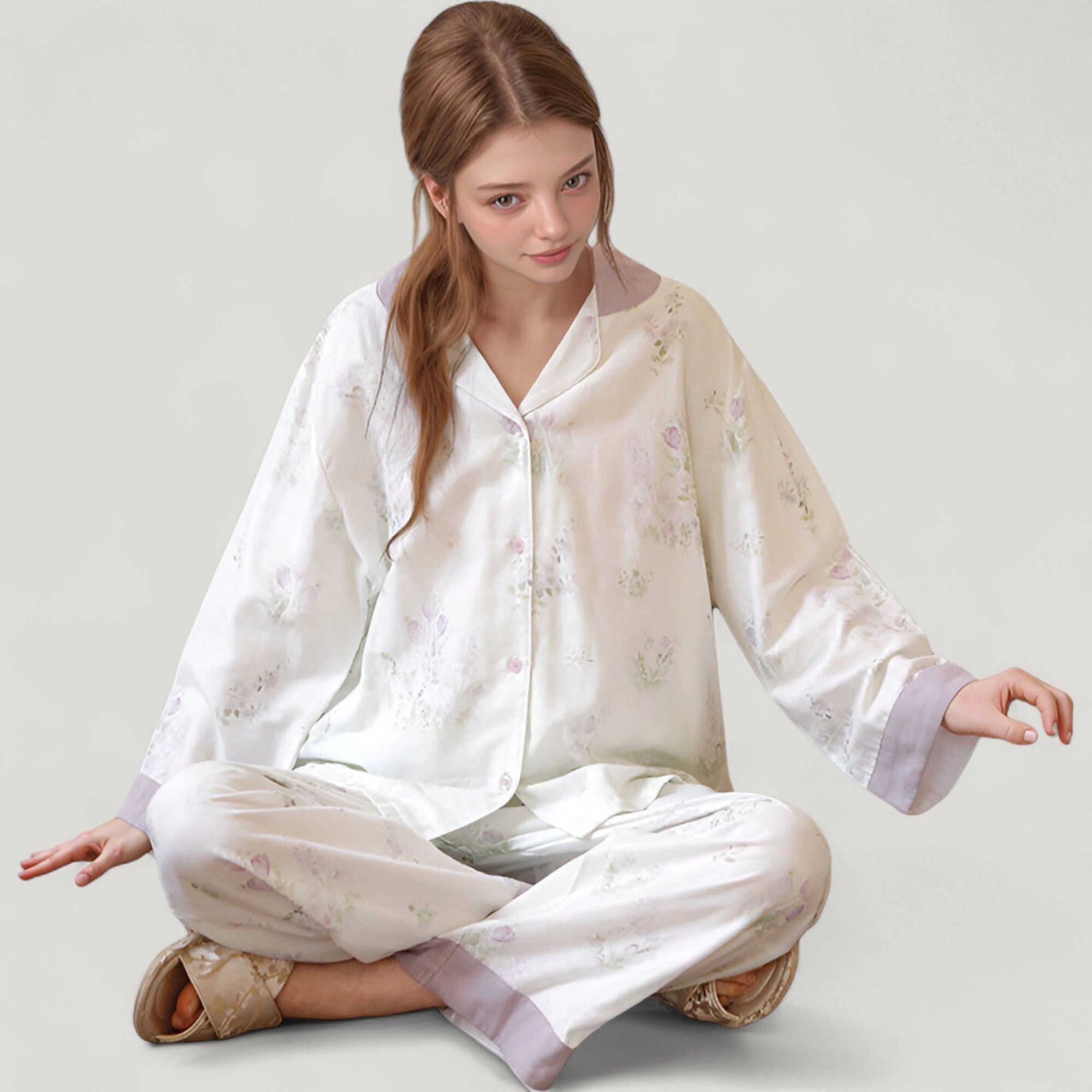 Anna-Kaci Women's Woven Two-Piece Pajama Set with Floral Print Contrast Trim and Relaxed Button Down Top