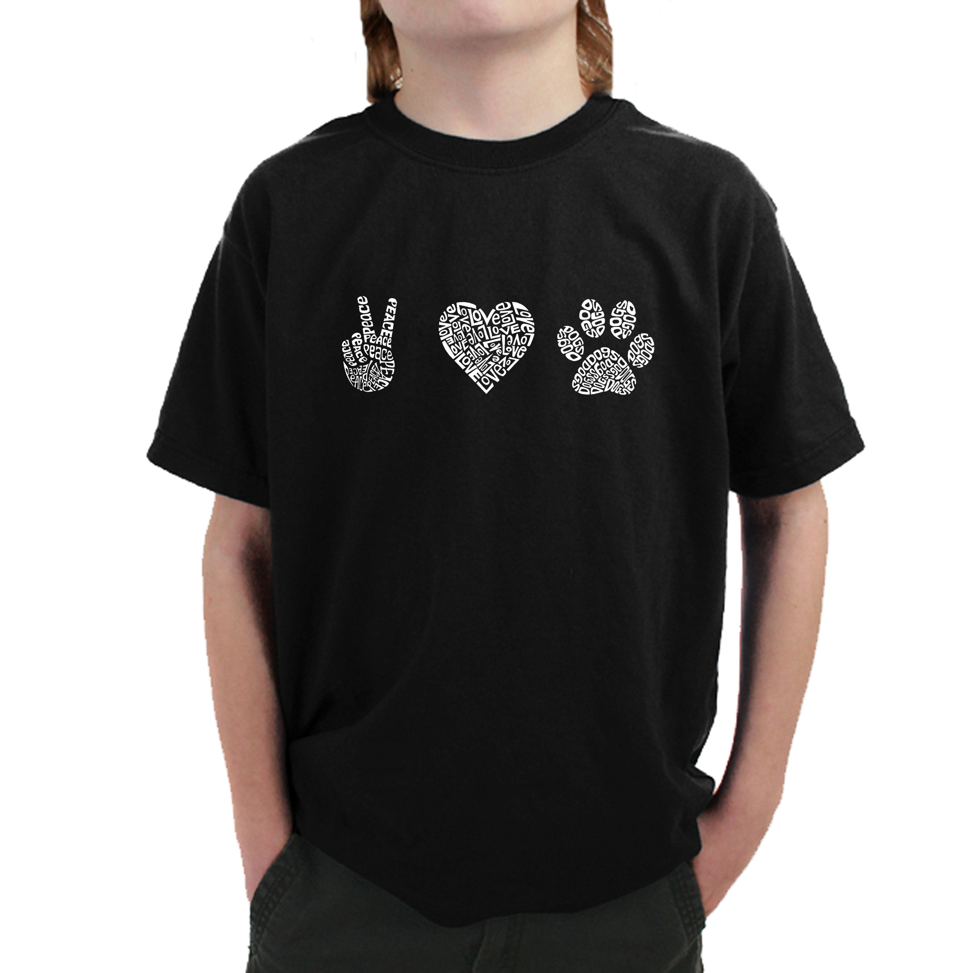 LA Pop Art Boy's Word T-Shirt - Peace Love Dogs
