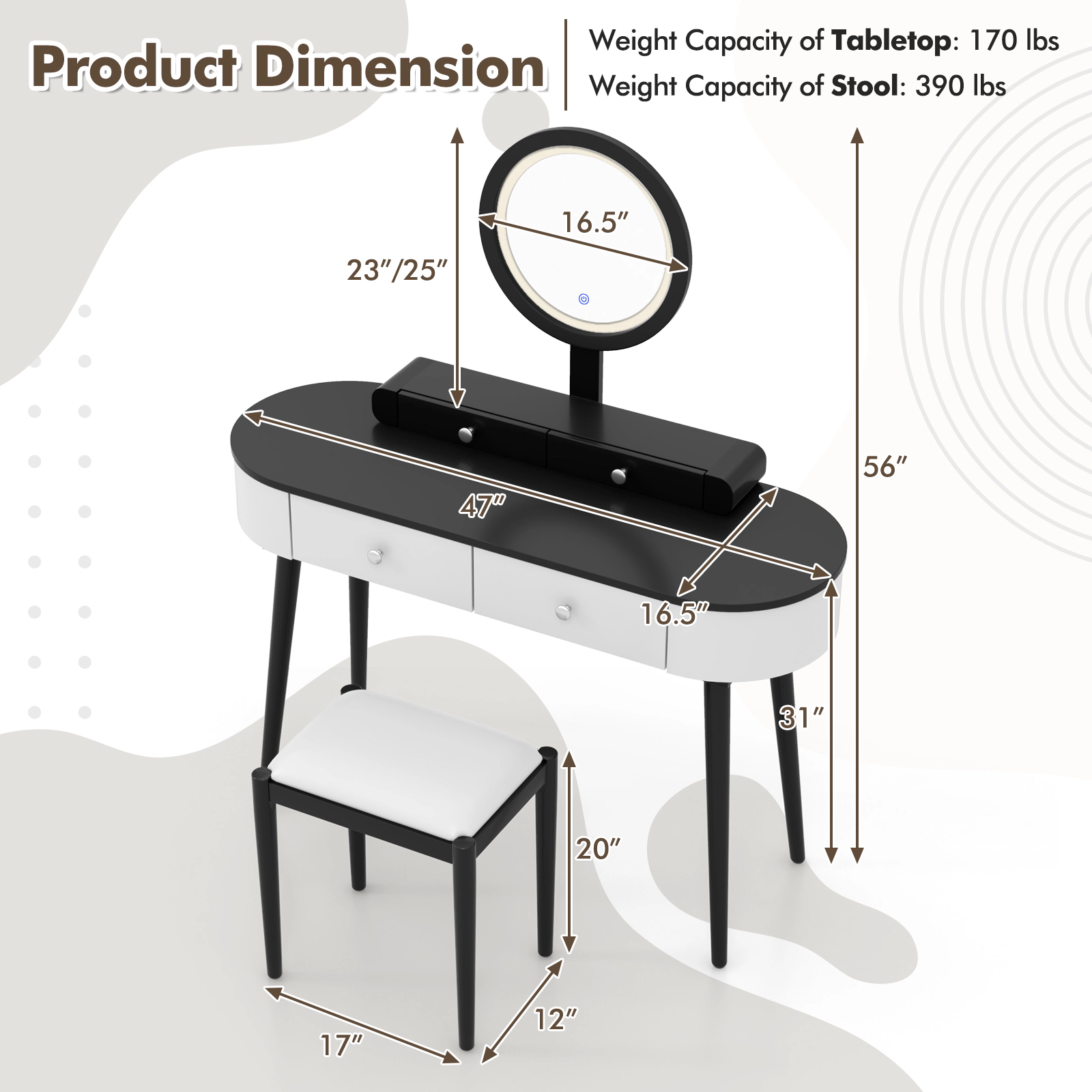 SUGIFT Makeup Vanity Table Set White and Black with Round LED Mirror and 3 Drawers