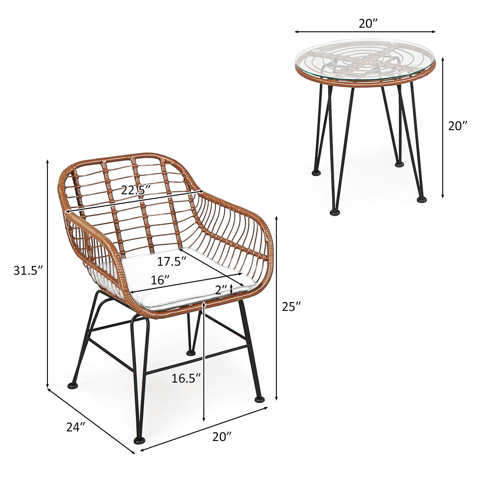 LJG 3 Pieces Patio Rattan Bistro Set with Cushion