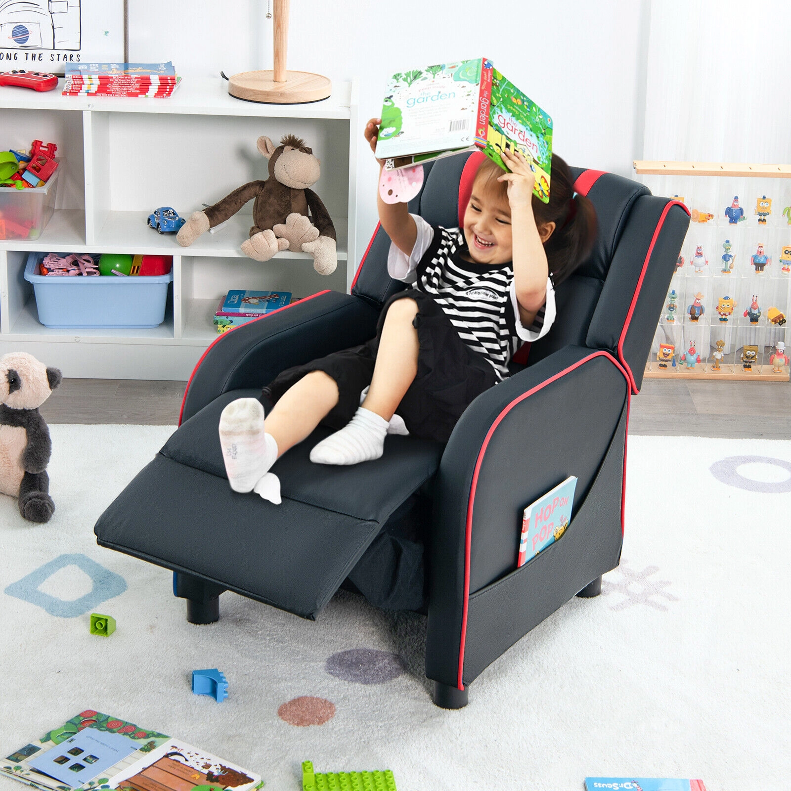 SUGIFT Kids Recliner Chair, 160° Reclining Seat with Adjustable Footrest, Side Pockets, Red PU Leather