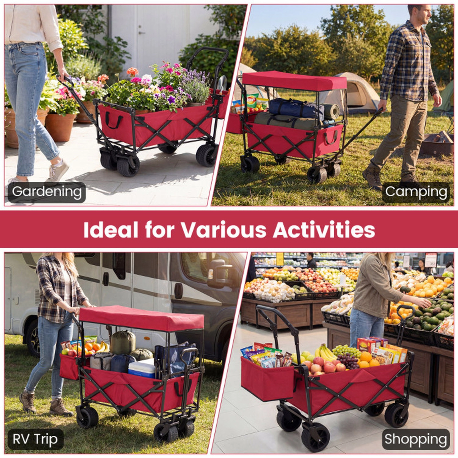 SUGIFT Collapsible Folding Wagon Cart Removable Canopy Storage Bag 150-lb Capacity 80-Liter 46 x 23 x 38-in Red
