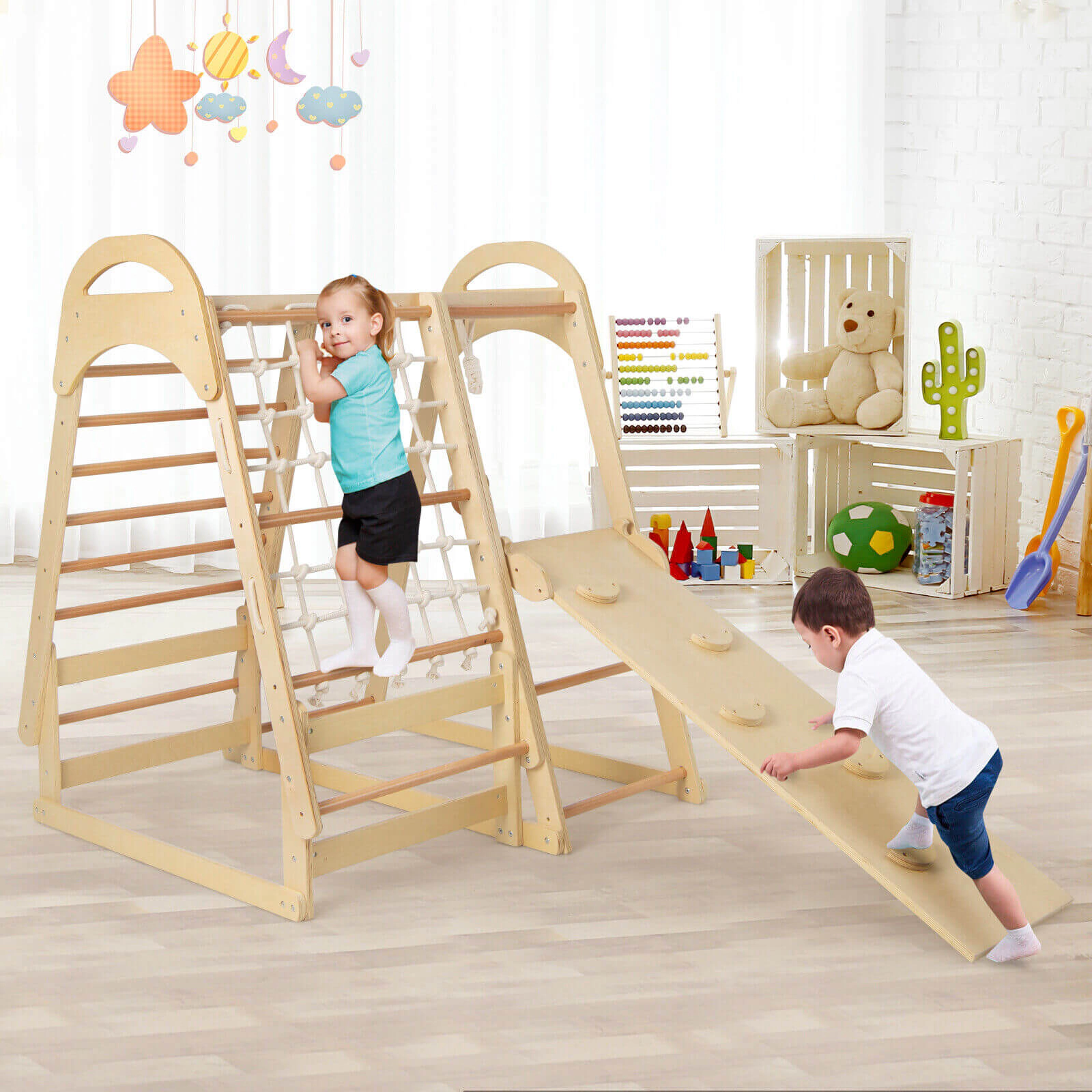 LJG 6-in-1 Wooden Kids Jungle Gym Playset with Slide Climbing Net