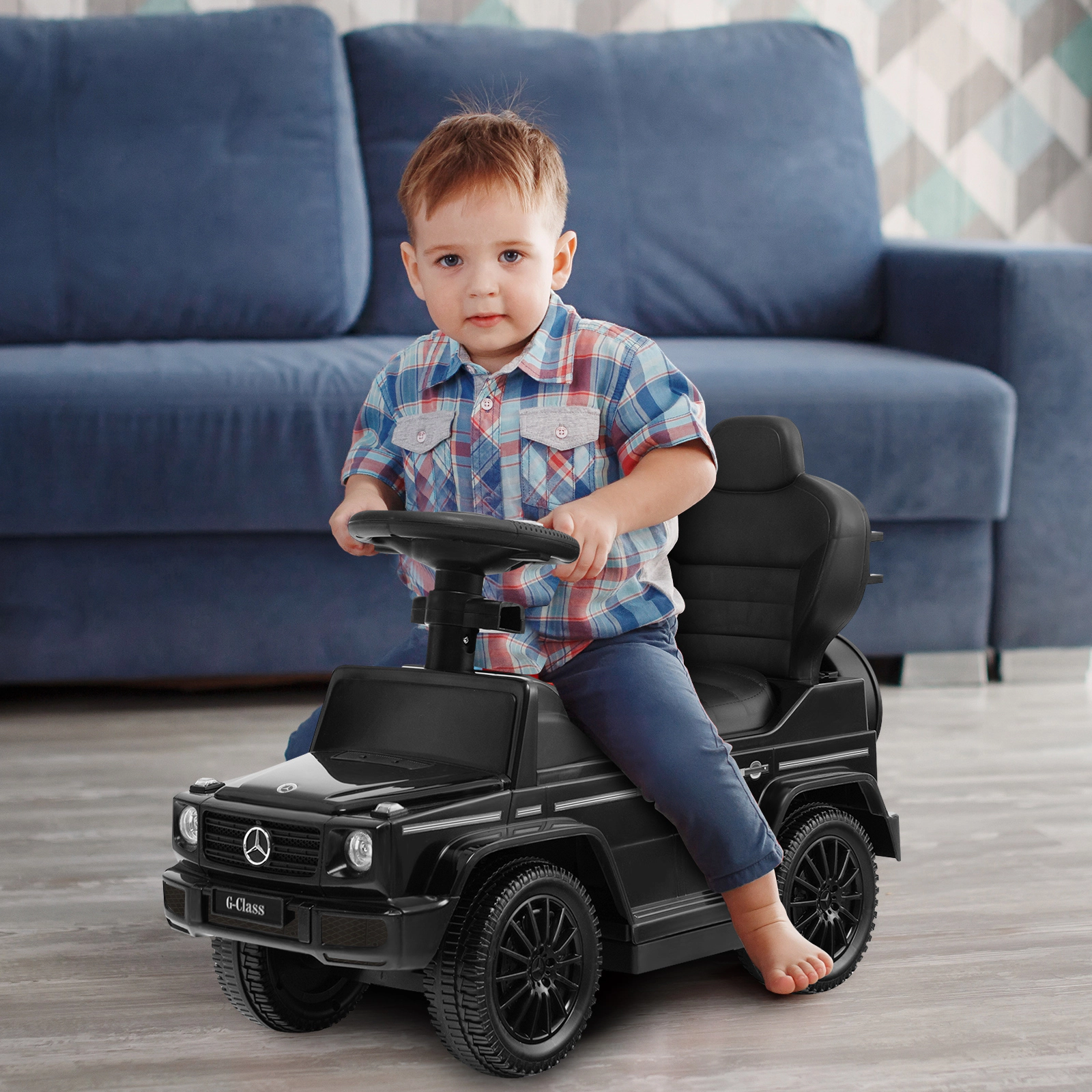 3-in-1 Toddler Push Car Adjustable Canopy Retractable Footrest Stroller Walker 18-36 Months 55-lb Capacity Black
