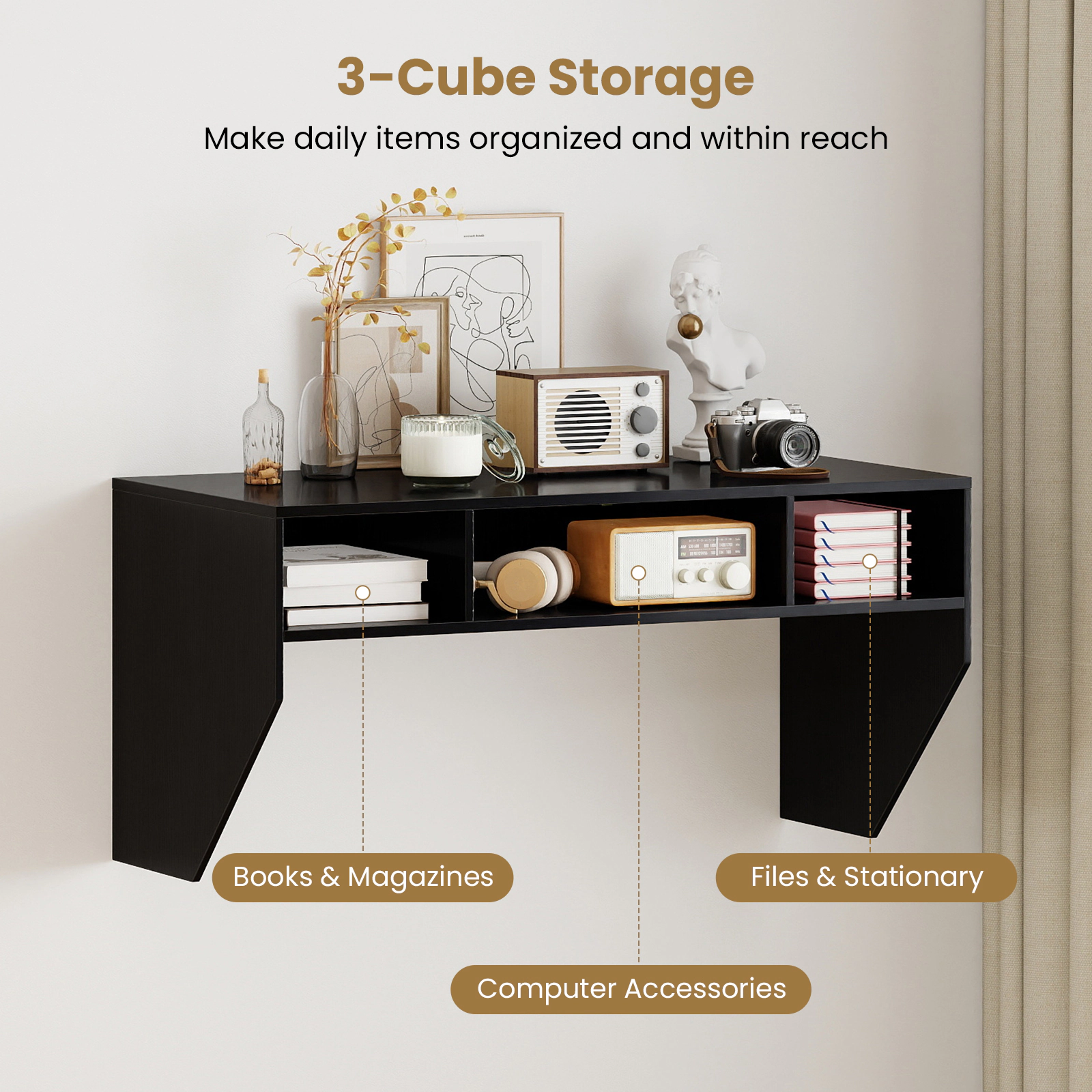 SUGIFT Wall-Mounted Floating Computer Desk with 3 Storage Compartments 45-Lb Tabletop Capacity 35-Lb Cube Capacity Black