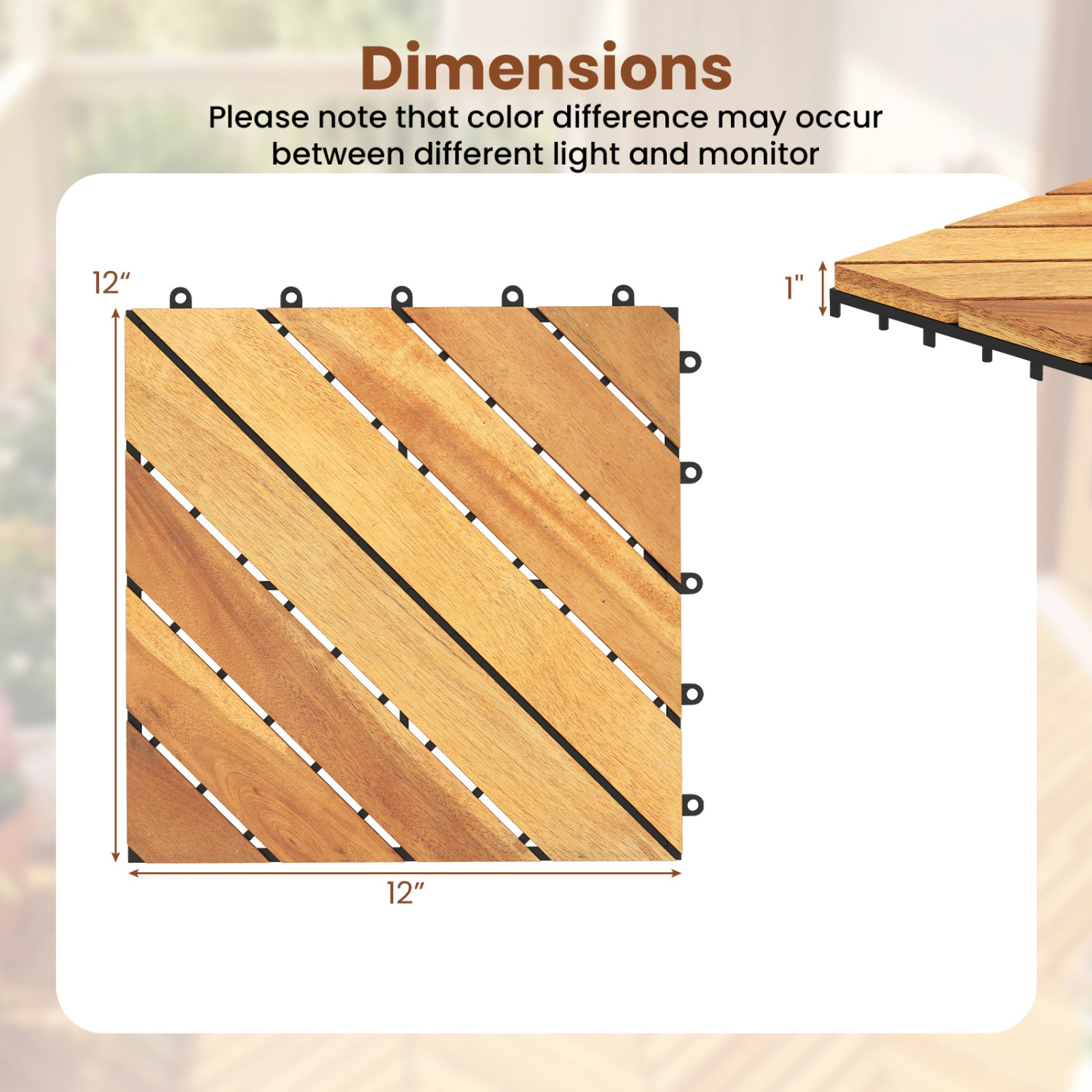 SUGIFT Natural 24-Piece Acacia Wood Deck Tiles with 3 Installation Patterns 12-in W 12-in D 500-lb Tile Capacity