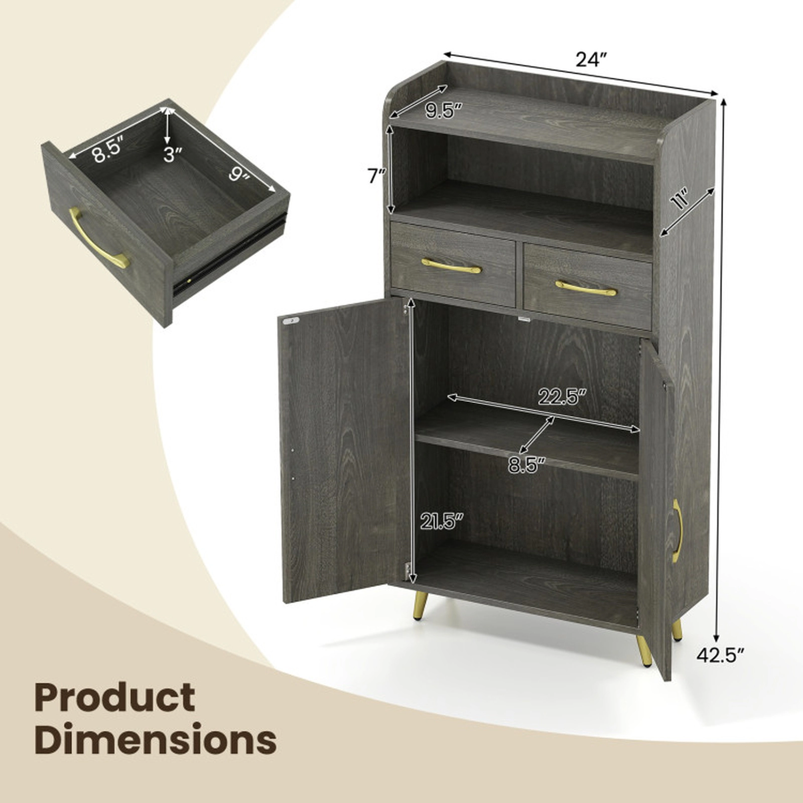 SUGIFT Gray Oak 44-lb Countertop Freestanding Bathroom Storage Cabinet with 2 Drawers 2 Doors and Adjustable Shelf