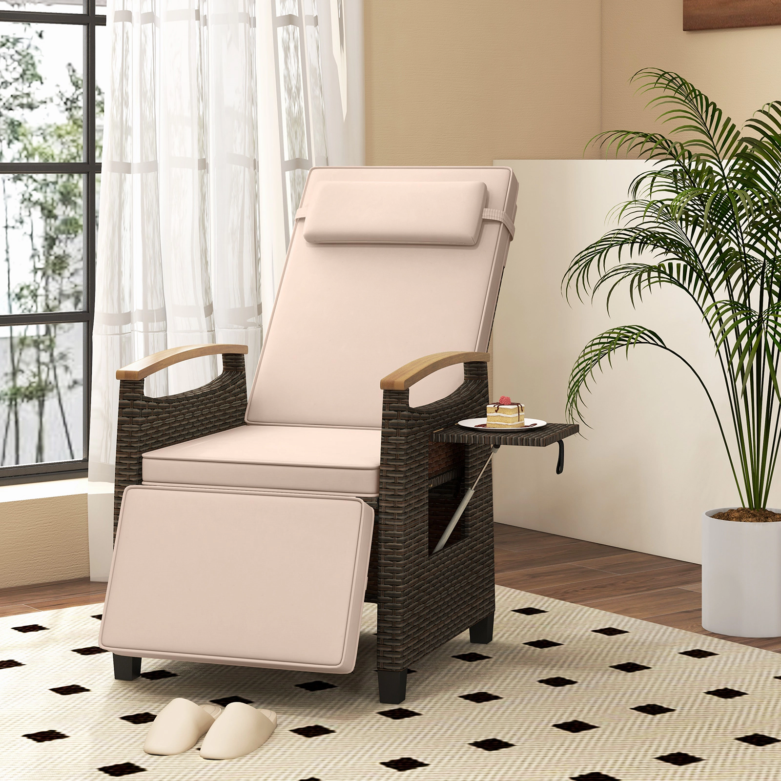 SUGIFT Brown PE Rattan Reclining Patio Chair with Footrest, Headrest and Arm Tray