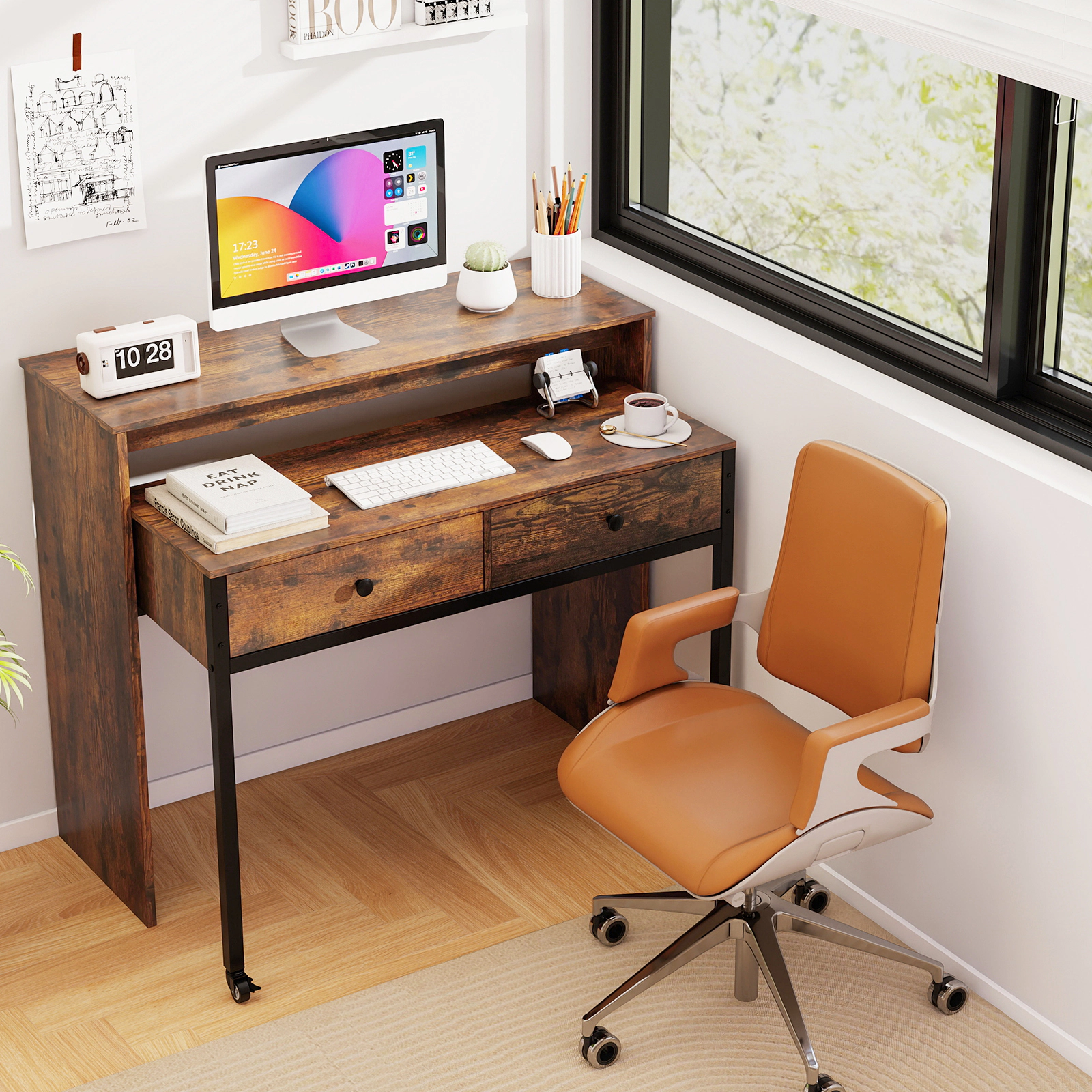 SUGIFT Extendable Computer Desk with Monitor Shelf and 2 Storage Drawers 176-lb Capacity Rustic Brown & Black
