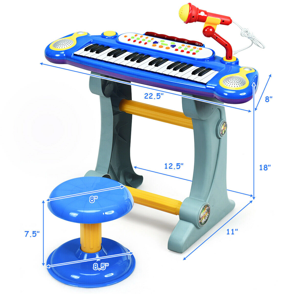 SUGIFT Kids 37-Key Electronic Keyboard Piano Microphone Stool 8 Sounds 8 Rhythms 22.5 x 11 x 18-in Ages 3+ Blue