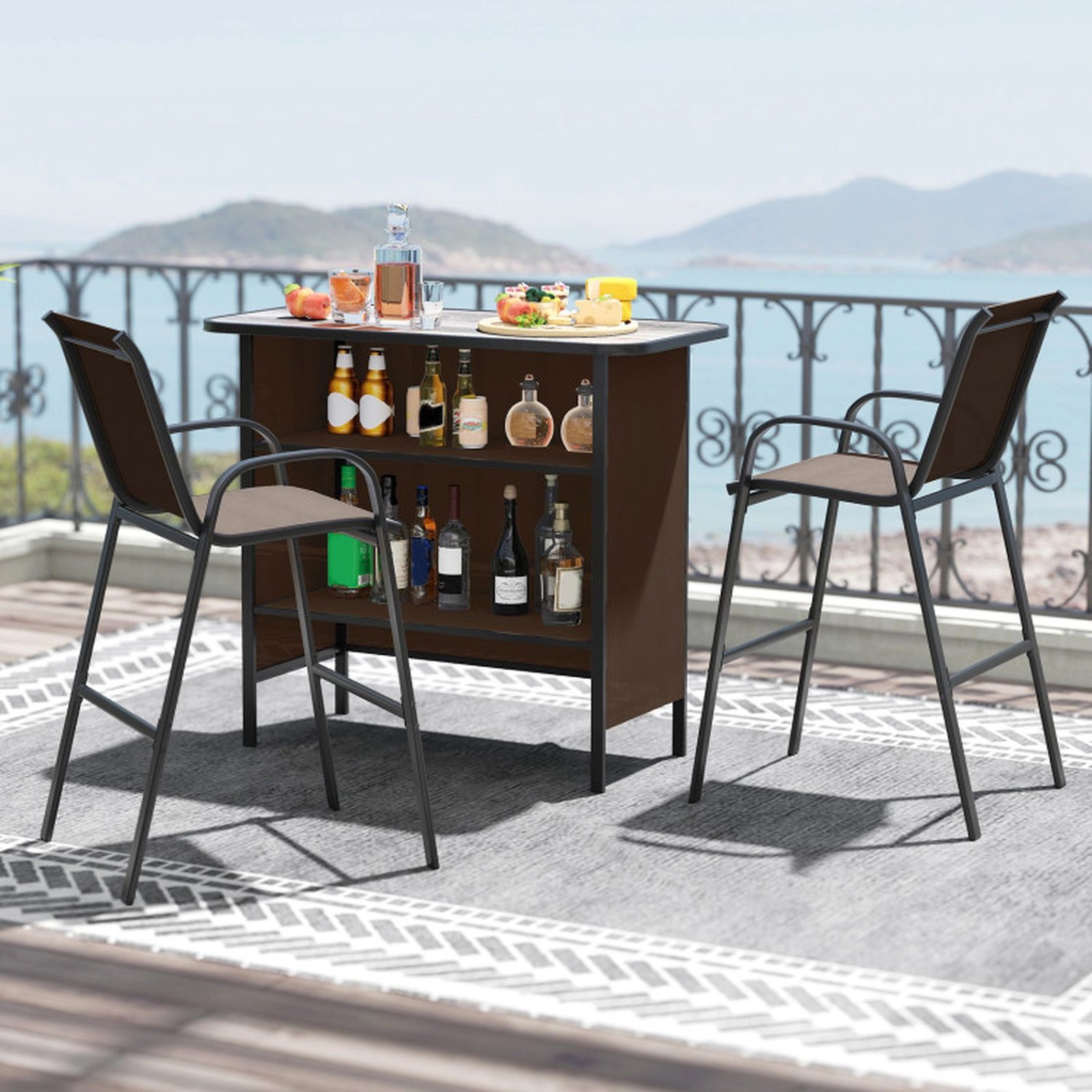 SUGIFT Outdoor Bar Set with Footrest & 2-Tier Shelf Bar Table & Chairs 330-lb Barstools & 110-lb Table Coffee/Black
