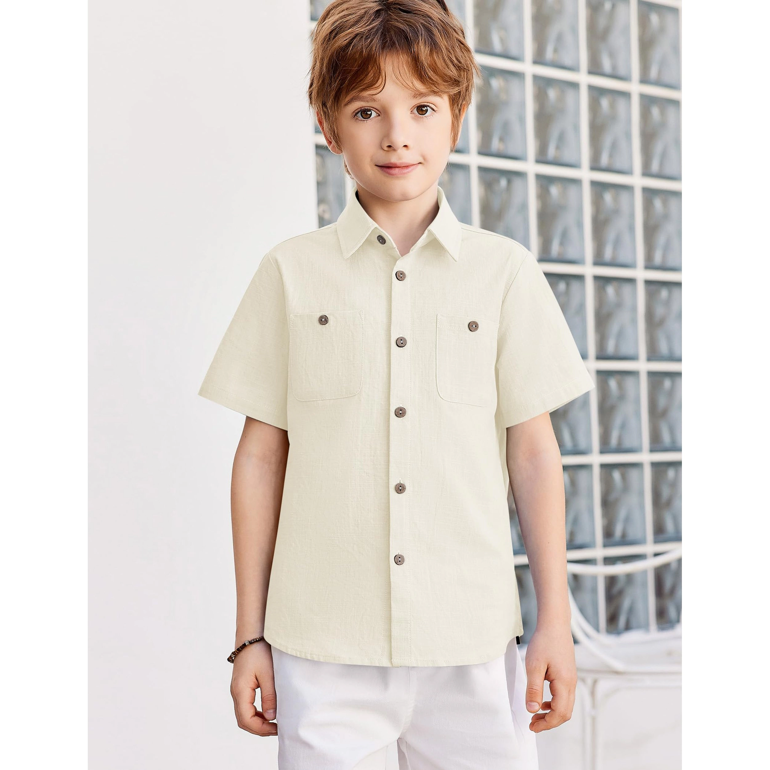 Arshiner Boys Short Sleeve Button Down Shirt Cotton Woven Casual Shirts With Pockets For Kids