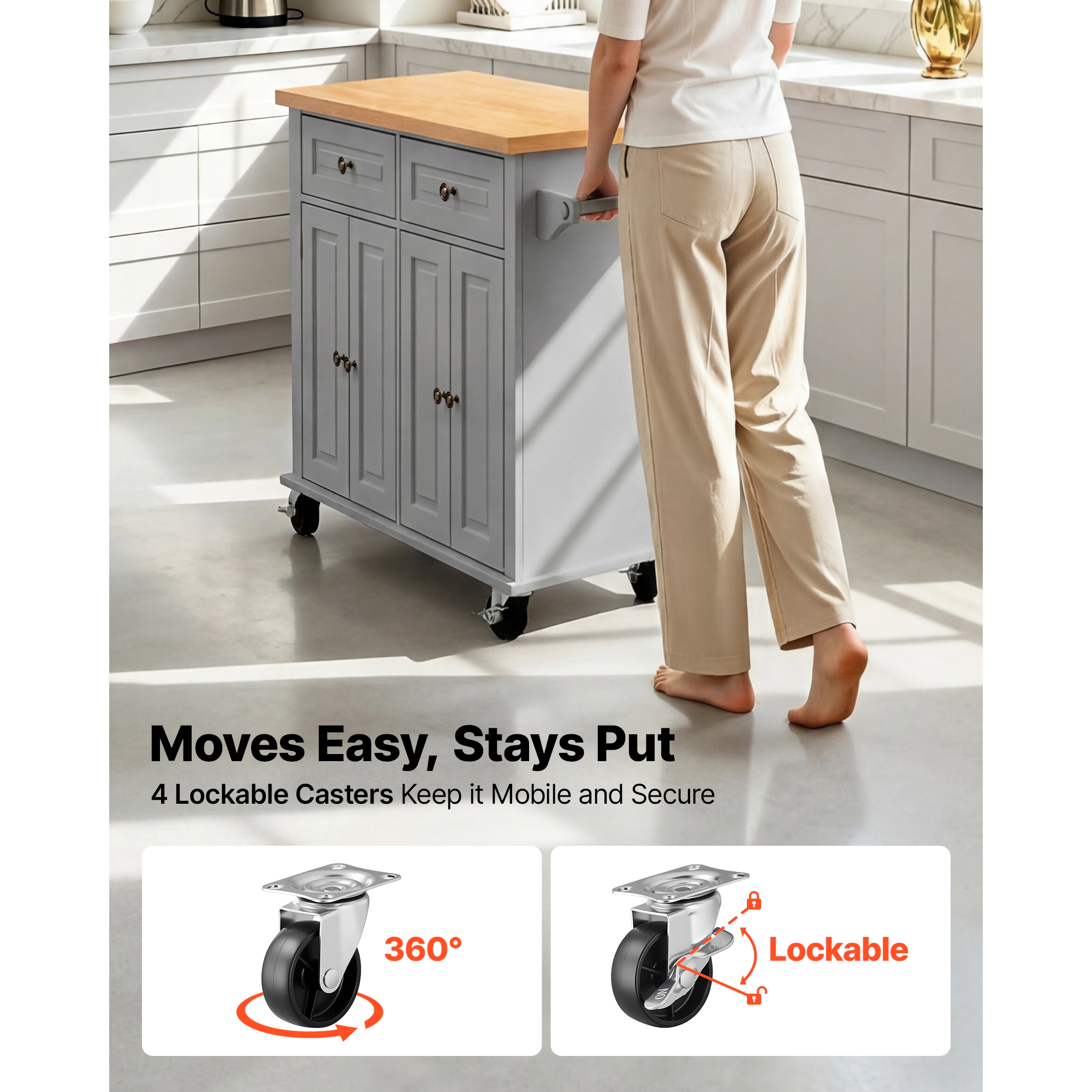 HONGGE Kitchen Island Cart with Storage 43.7 Wide Mobile Rolling on Swivel Wheels 2 Drawers