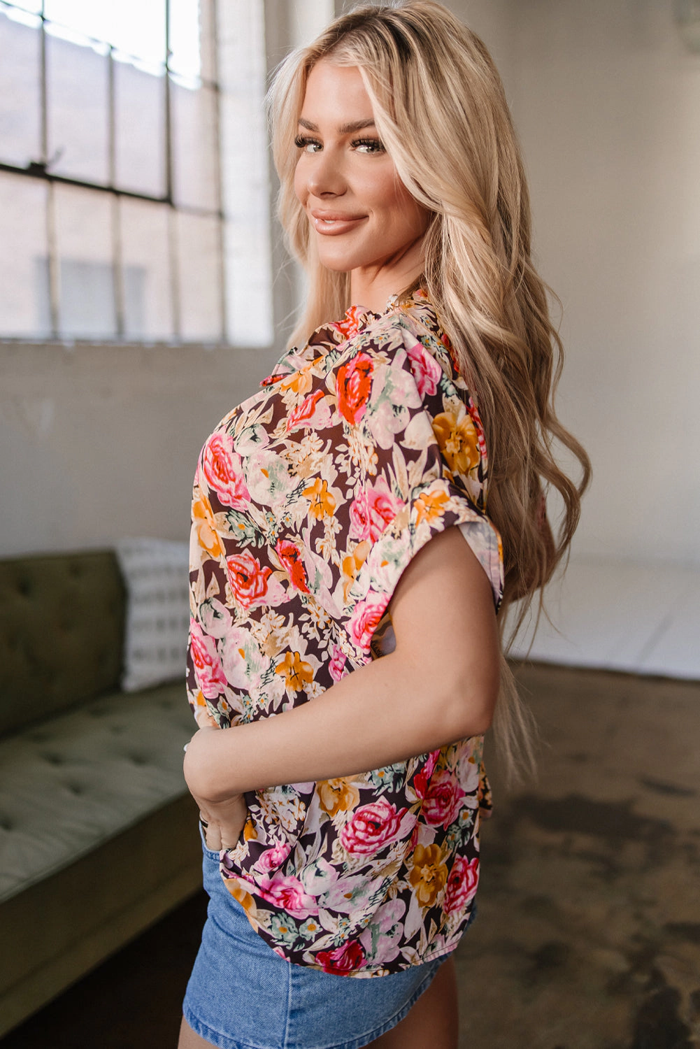 Threaded Pear Women's Rhea Floral Crew Neck Blouse