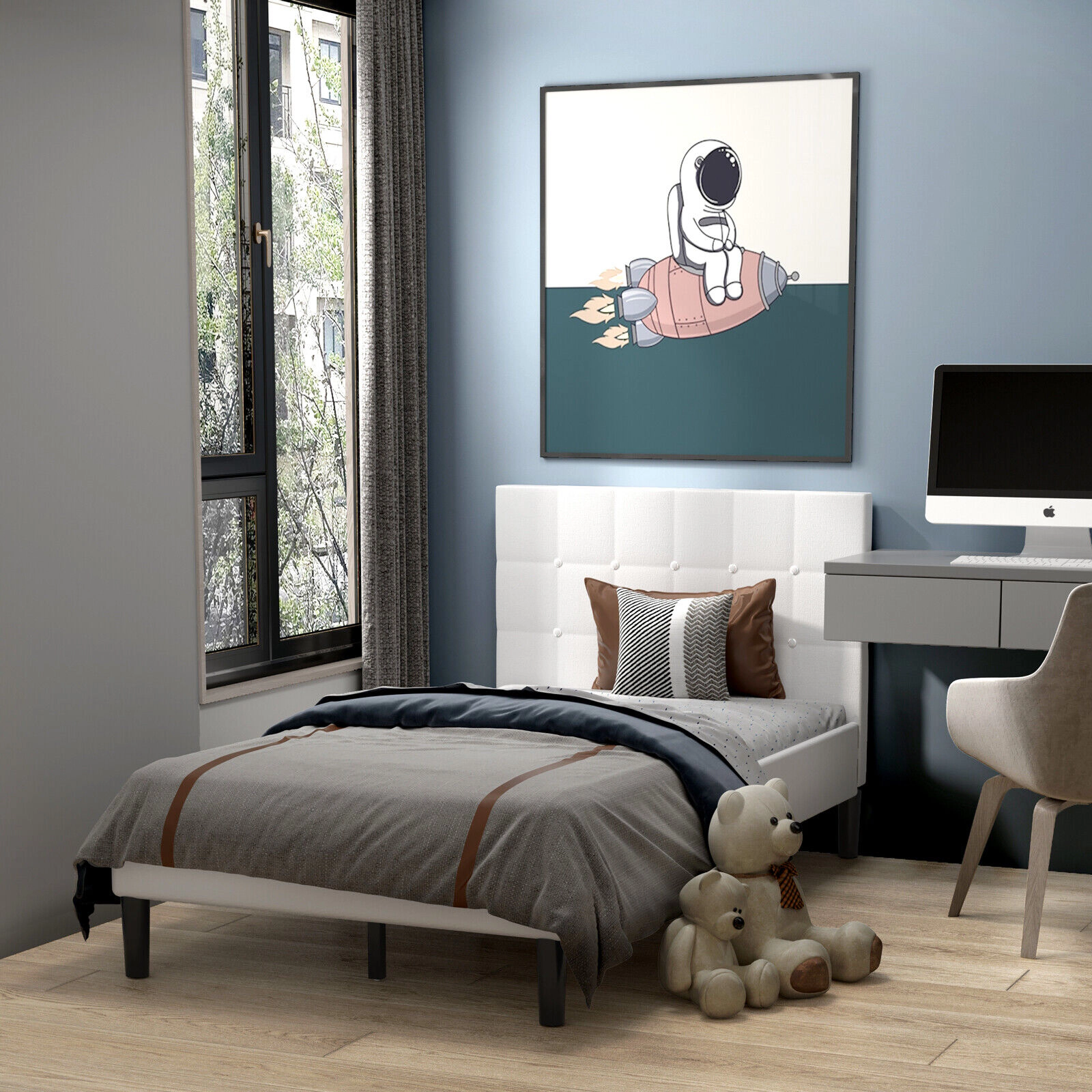 SUGIFT Twin Upholstered Platform Bed, Button-Tufted Headboard, Padded Side Rails, Beige Fabric, 11 Support Legs