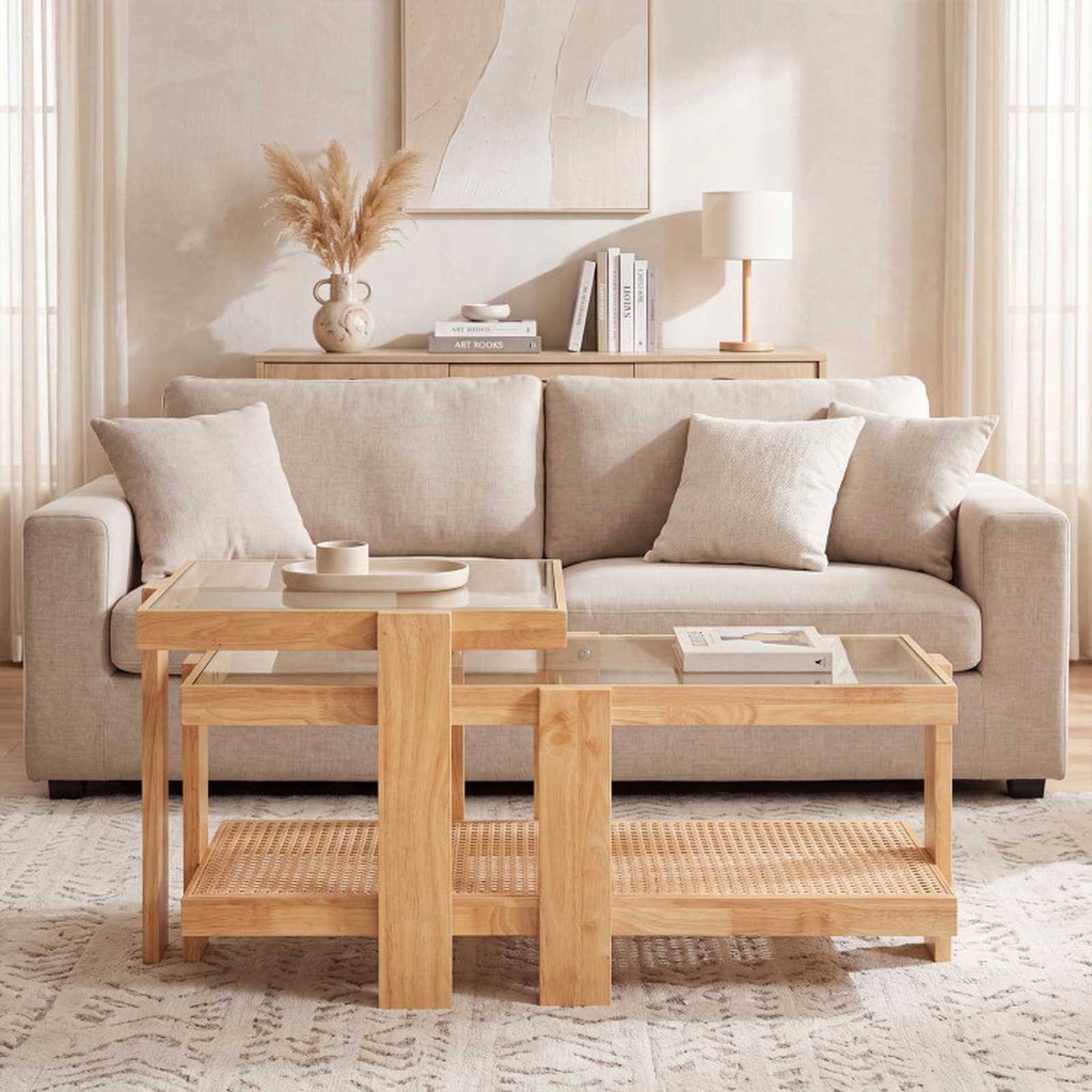 SUGIFT Set of 2 Nesting Coffee Tables with Tempered Glass Tops and Rattan Shelf 185-Lb Large Top Capacity Natural