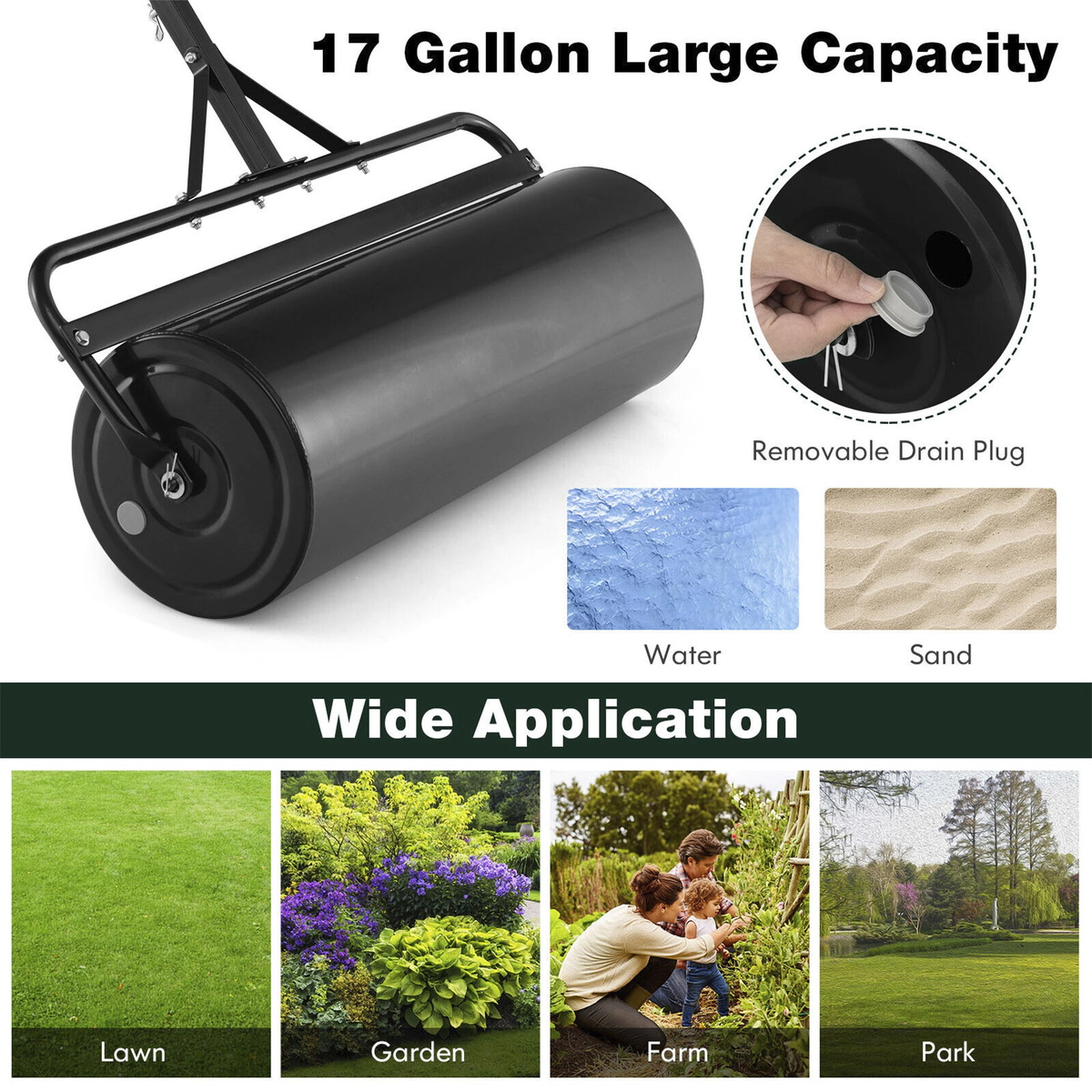 SUGIFT Black 17-gal Water Filled Lawn Roller Push Pull or Tow Behind Metal Drum with Detachable Handle