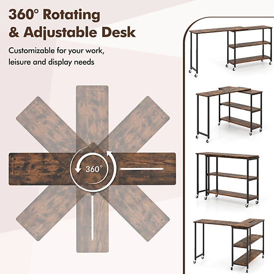 SUGIFT Rustic Brown Rotating Sofa Console Table, 40 to 60 in, with Shelves and Casters