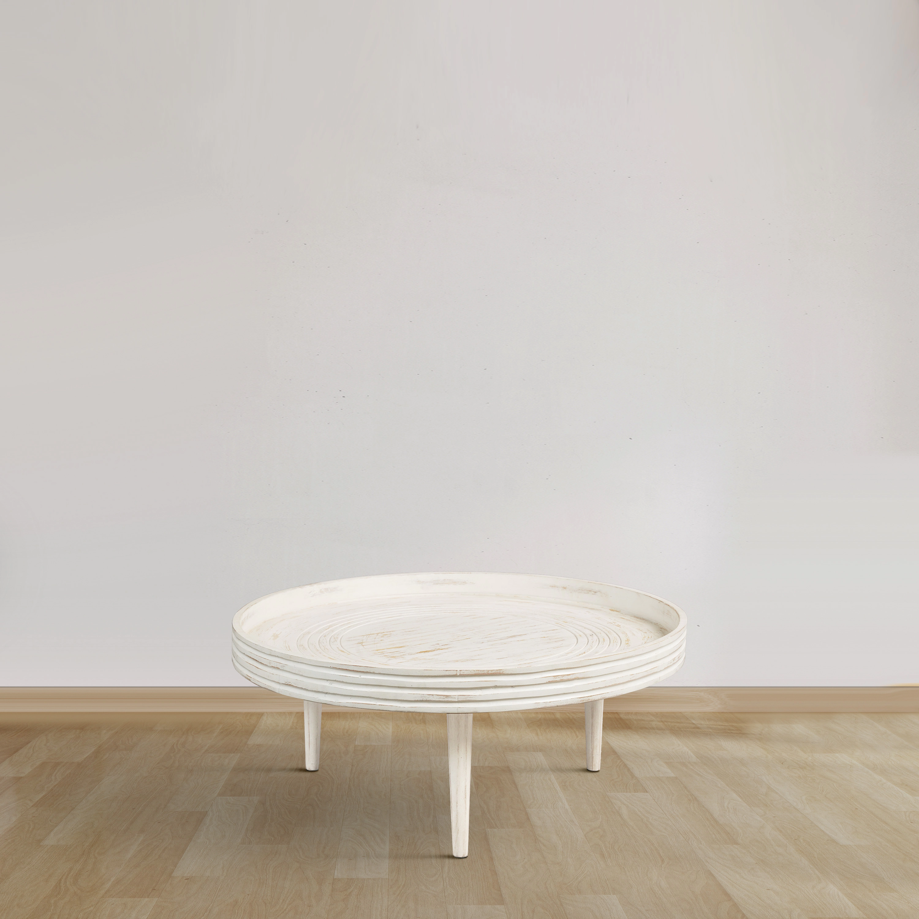 The Urban Port 33 Inch Coffee Table, Solid Mango Wood, Handcrafted Round Grooved Raised Edge, Distressed White