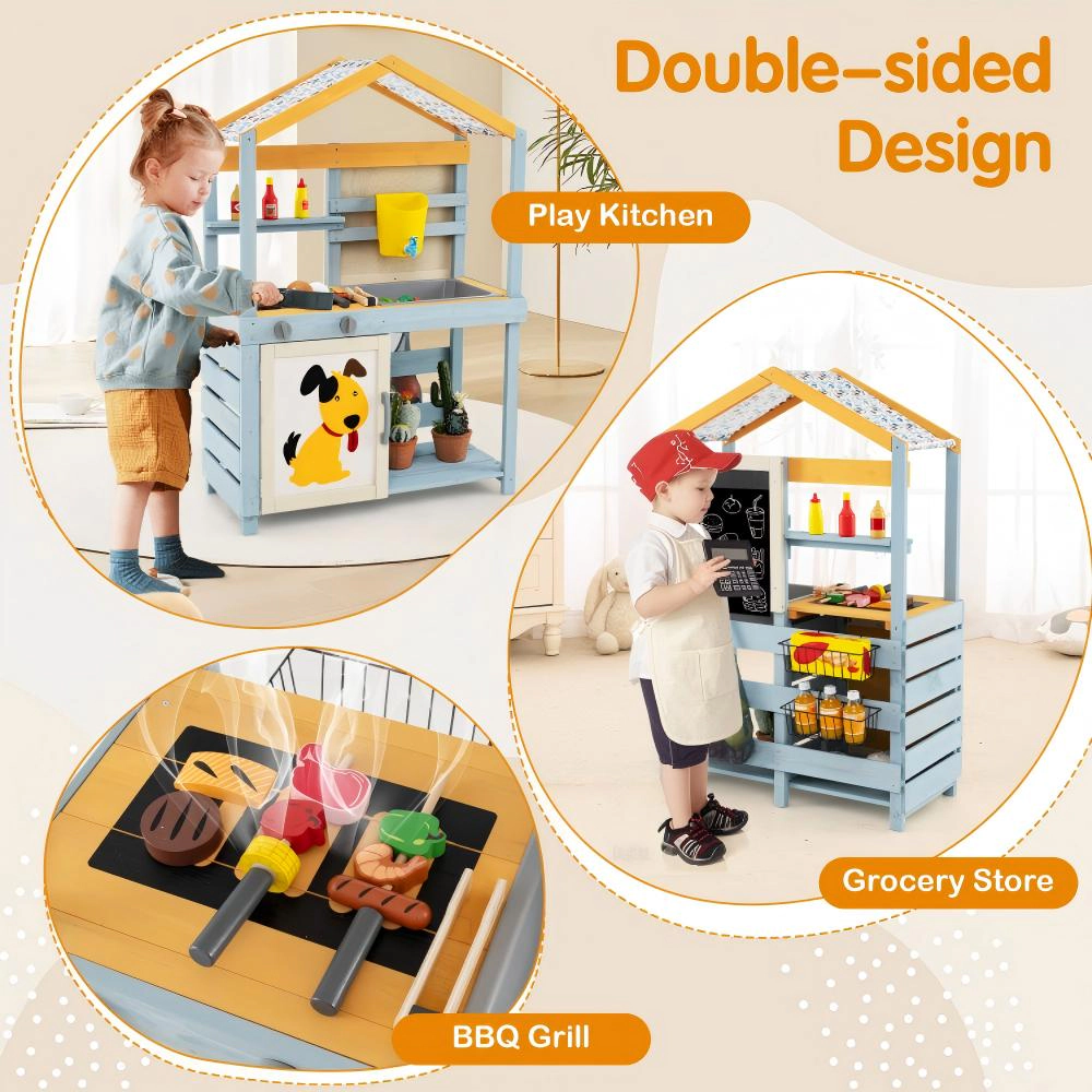 SUGIFT Kids Gray 2-in-1 Wooden Mud Kitchen with Barbecue Grill and Removable Water Box 30-in W 44-in H Ages 3+