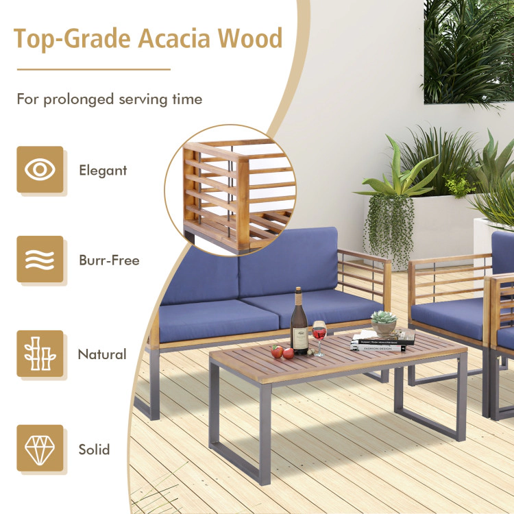 Hivvago 4 Piece Patio Acacia Wood Conversation Set With Soft Seat-Navy